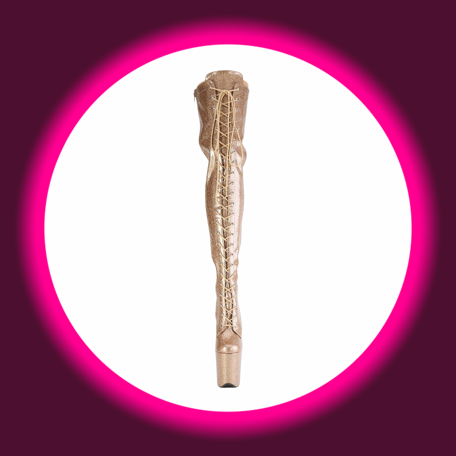 Frontansicht goldene glitzernde Plateau-Overknees mit Frontschnürung und hohem Plateau, Pleaser Flamingo 3020