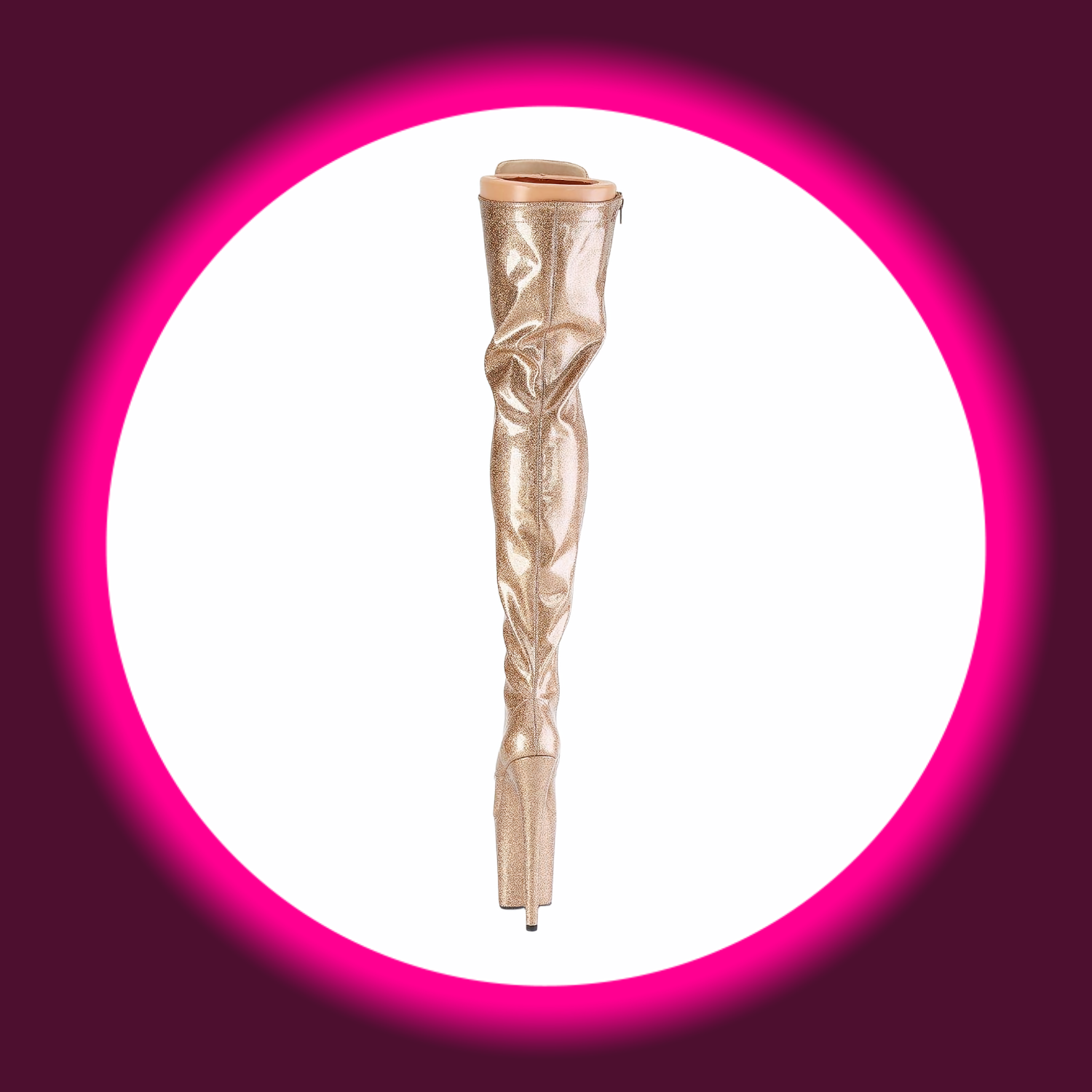 Rückansicht goldene glitzernde Plateau-Overknees mit hohem Absatz, Pleaser Flamingo 3020