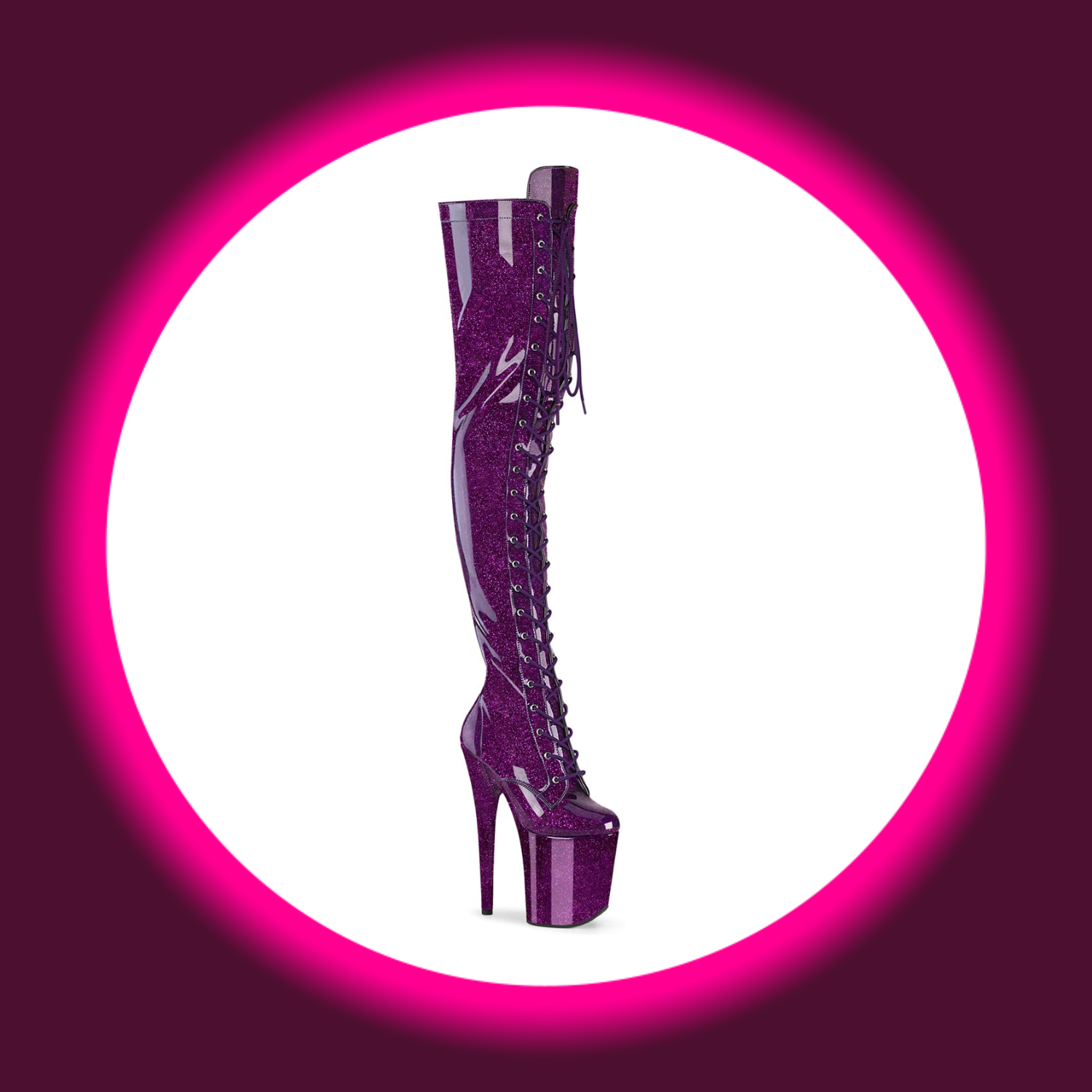 Winkelansicht violette glitzernde Plateau-Overknees mit Frontschnürung und hohem Absatz, Pleaser Flamingo 3020