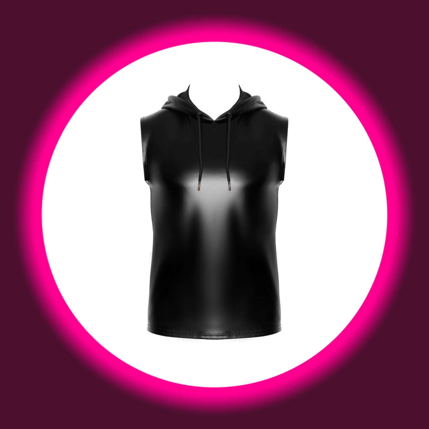 Frontansicht schwarzes glänzendes ärmelloses Hoodie von Noir Handmade