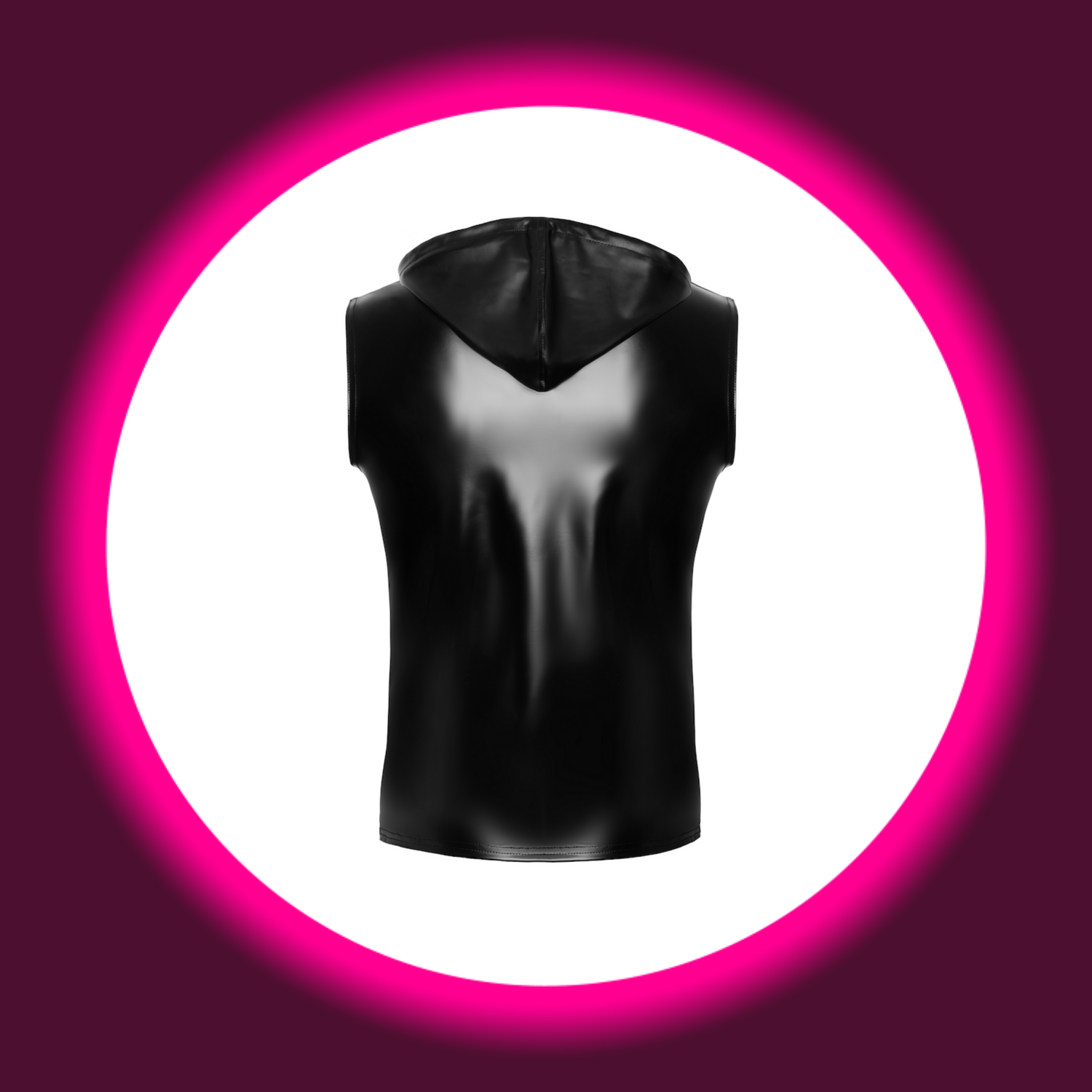 Rückansicht schwarzes glänzendes ärmelloses Hoodie von Noir Handmade