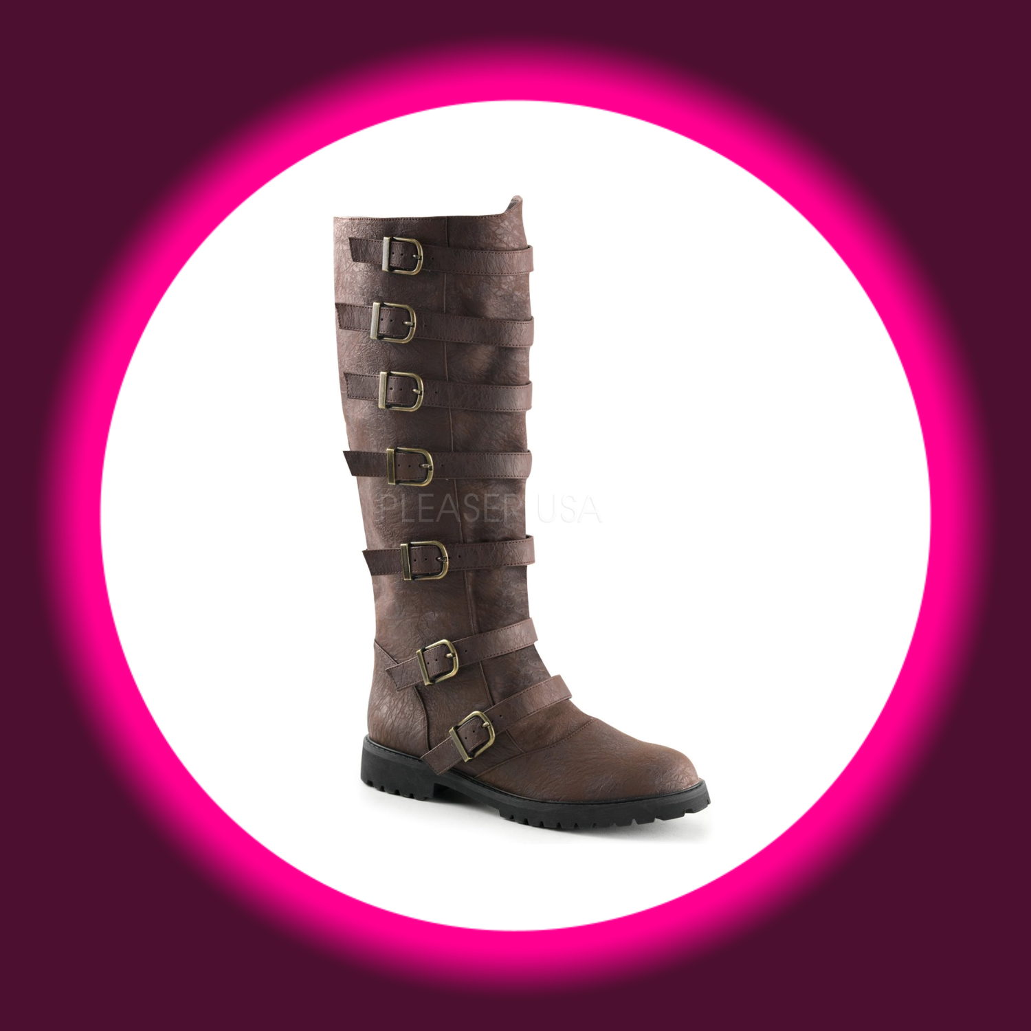 Winkelansicht braune Herrenstiefel mit 7 Schnallen und Gummisohle, Funtasma Gotham 110