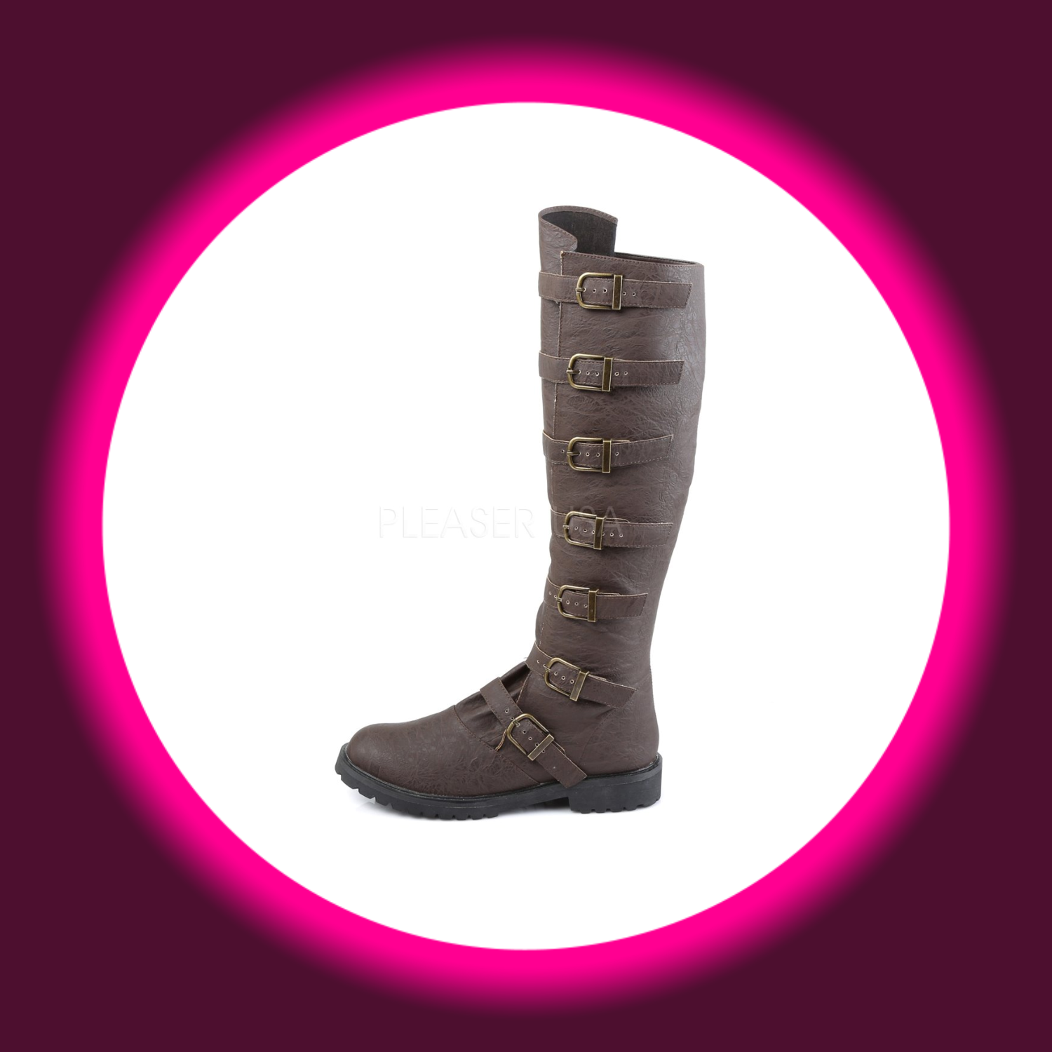 seitliche Ansicht braune Herrenstiefel mit 7 Schnallen und Gummisohle, Funtasma Gotham 110