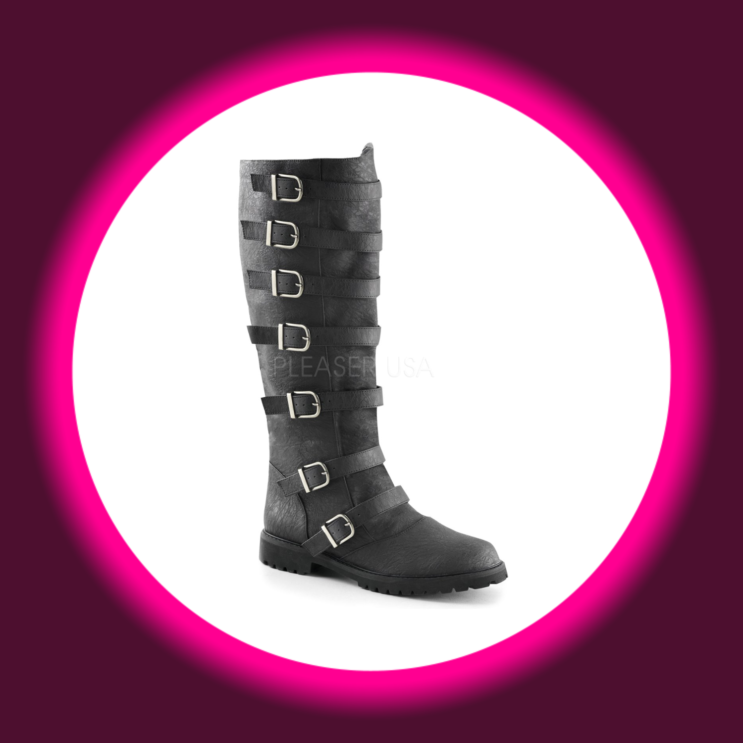 Winkelansicht schwarze Herrenstiefel mit 7 Schnallen und Gummisohle, Funtasma Gotham 110