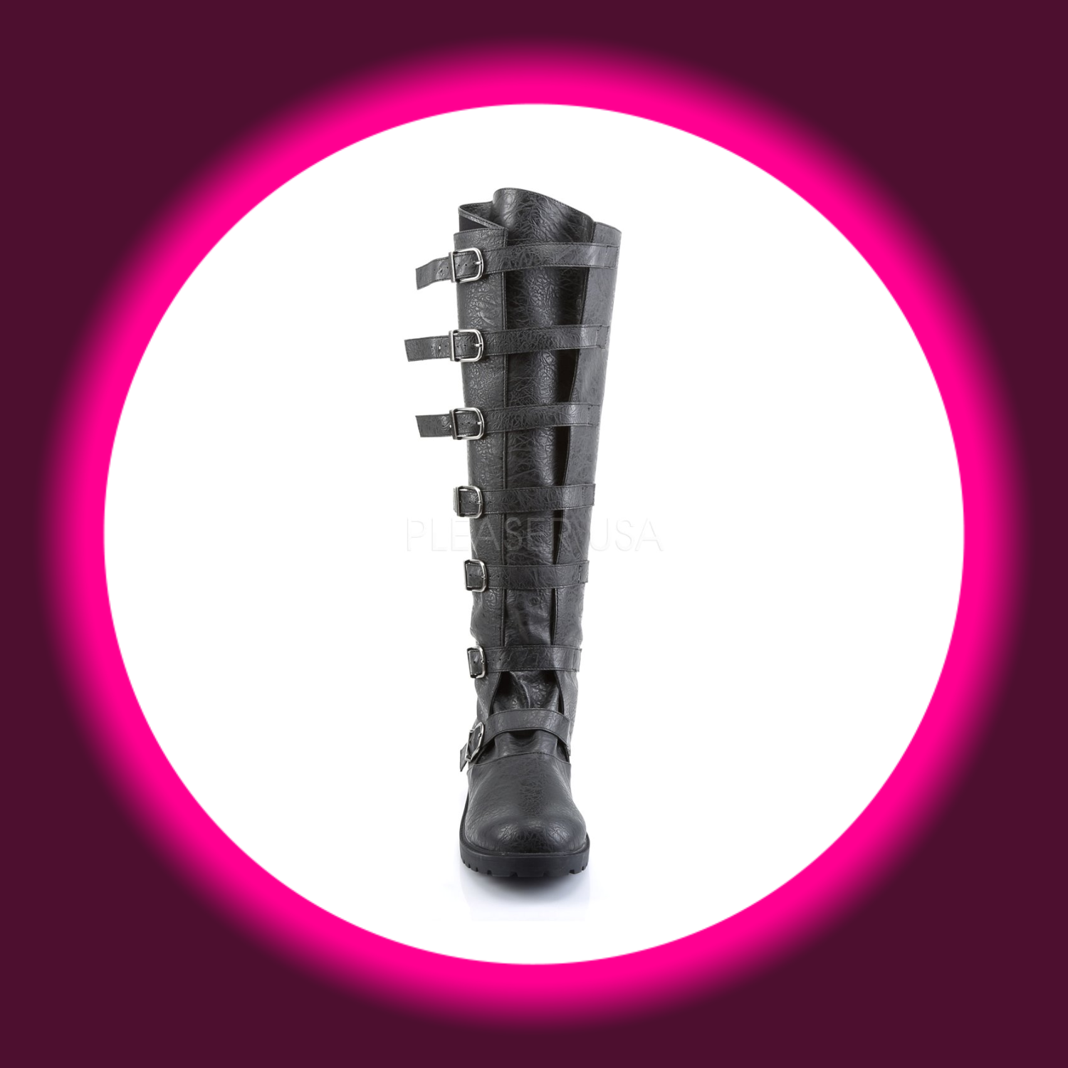 Frontansicht schwarze Herrenstiefel mit 7 Schnallen und Gummisohle, Funtasma Gotham 110