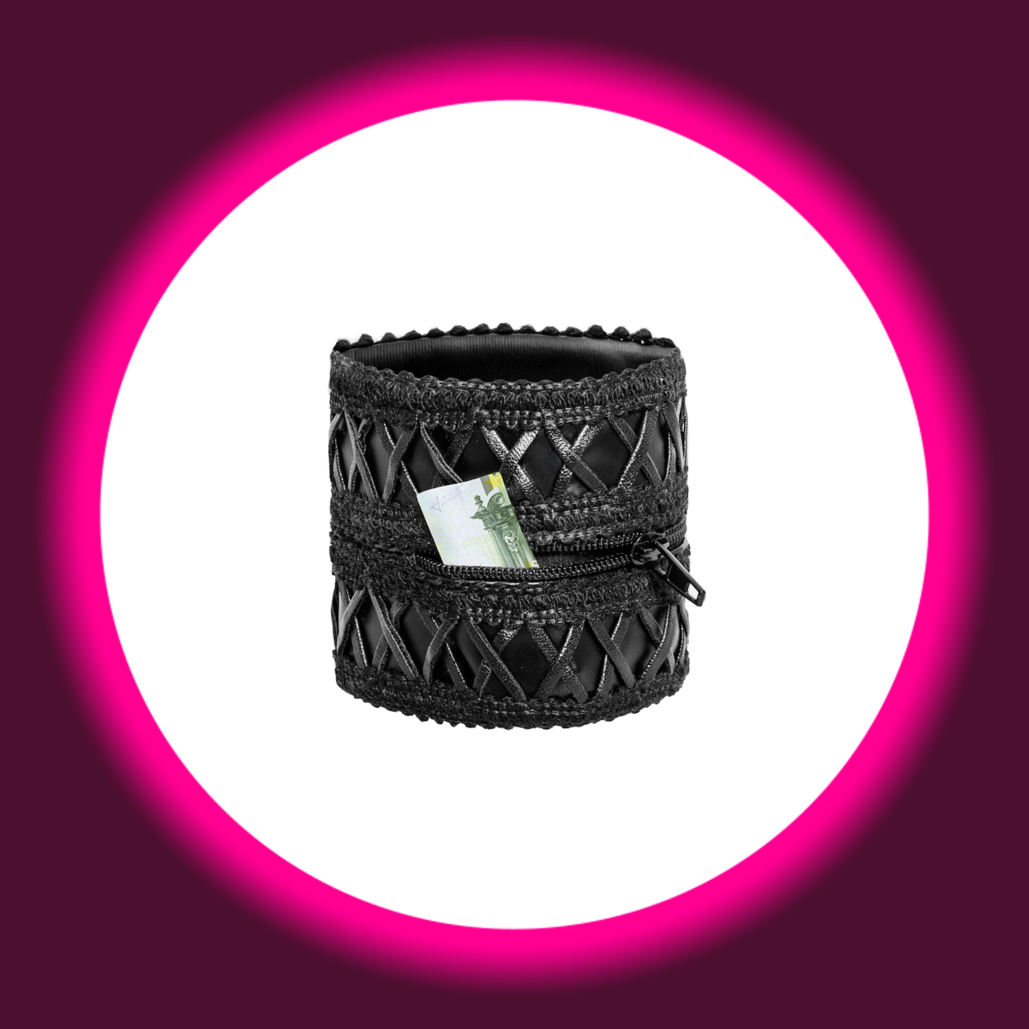schwarze Handgelenktasche von Noir Handmade mit Geldschein