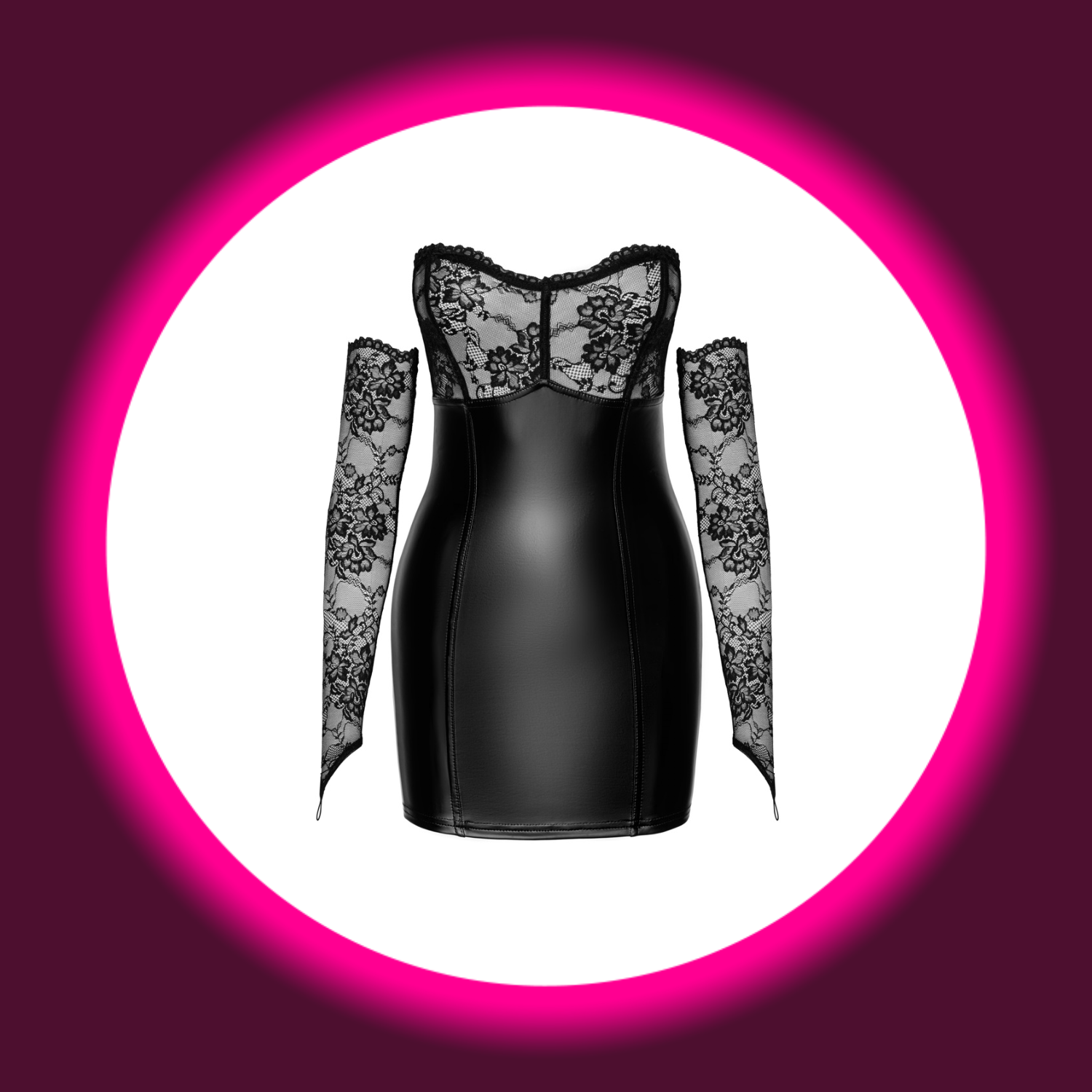 Frontansicht schwarzes Minikleid mit Spitzenoberteil und Spitzenhandschuhen von Noir Handmade