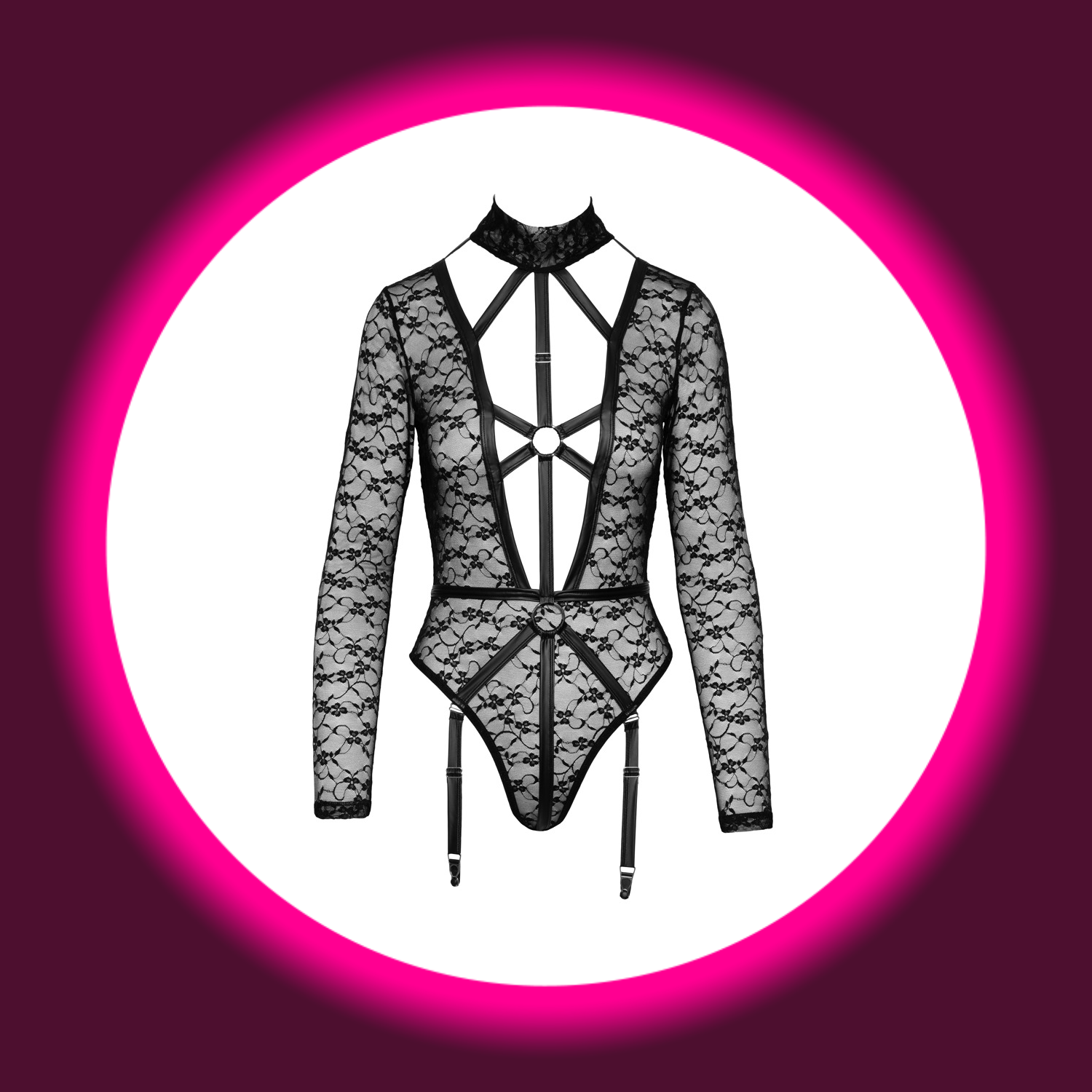 semitransparenter, langärmeliger Body mit Blumenmuster und Bändern, Cotelli Lingerie