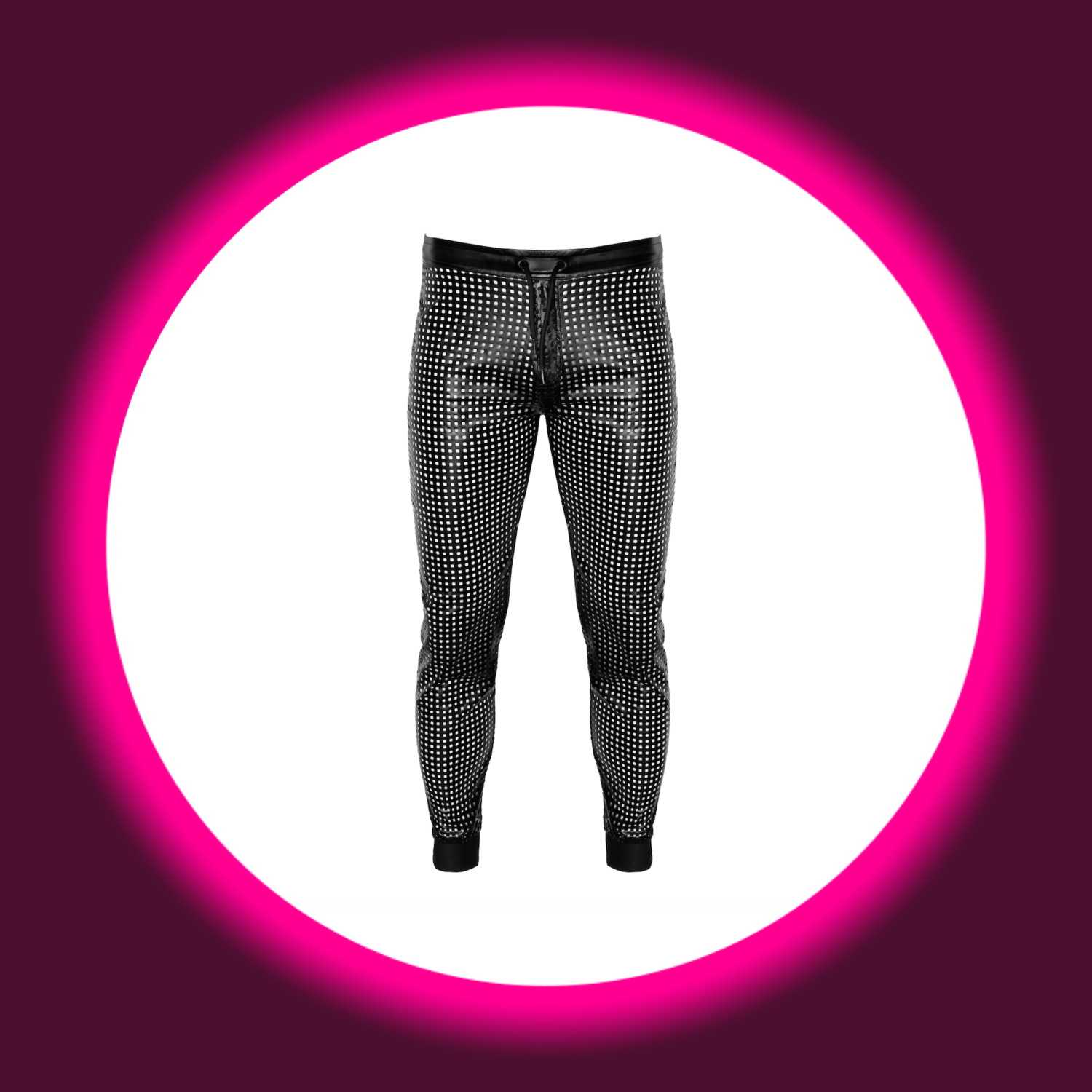 Frontansicht schwarze perforierte lange Hose von Noir Handmade