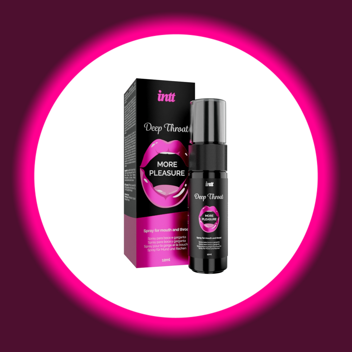 INTT Deep Throat Mund- und Rachenspray, schwarze Sprühflasche mit Schutzkappe neben der schwarz-pinken Produktverpackung mit Mundmotiv