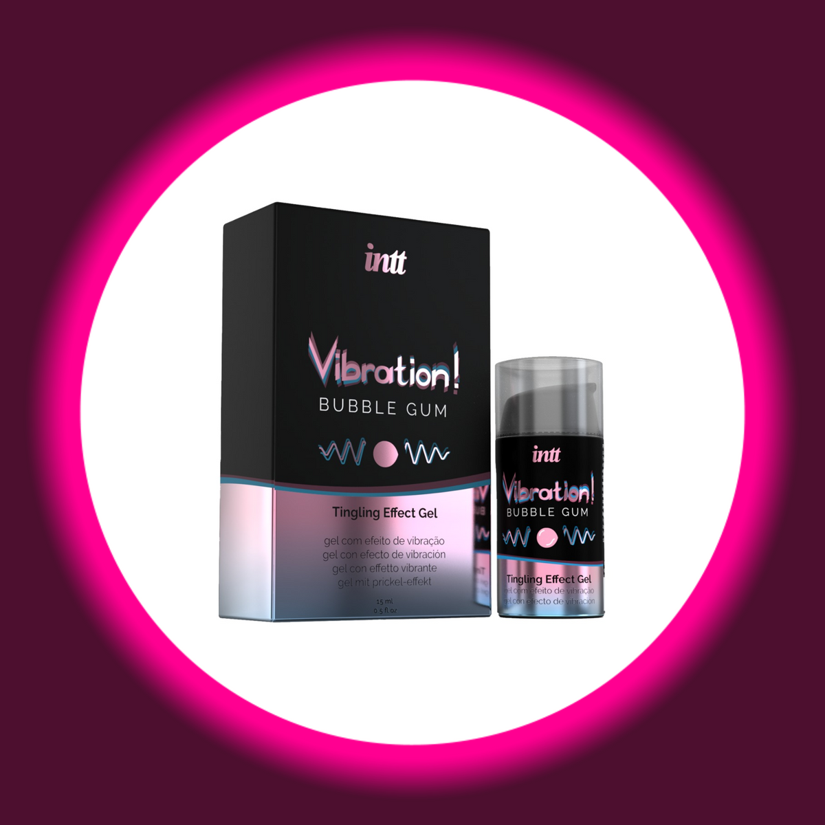 INTT Cosmetics Vibration Bubble Gum Stimulationsgel, schwarzer Pumpspender mit transparenter Schutzkappe neben schwarz-rosa schimmernder Produktverpackung
