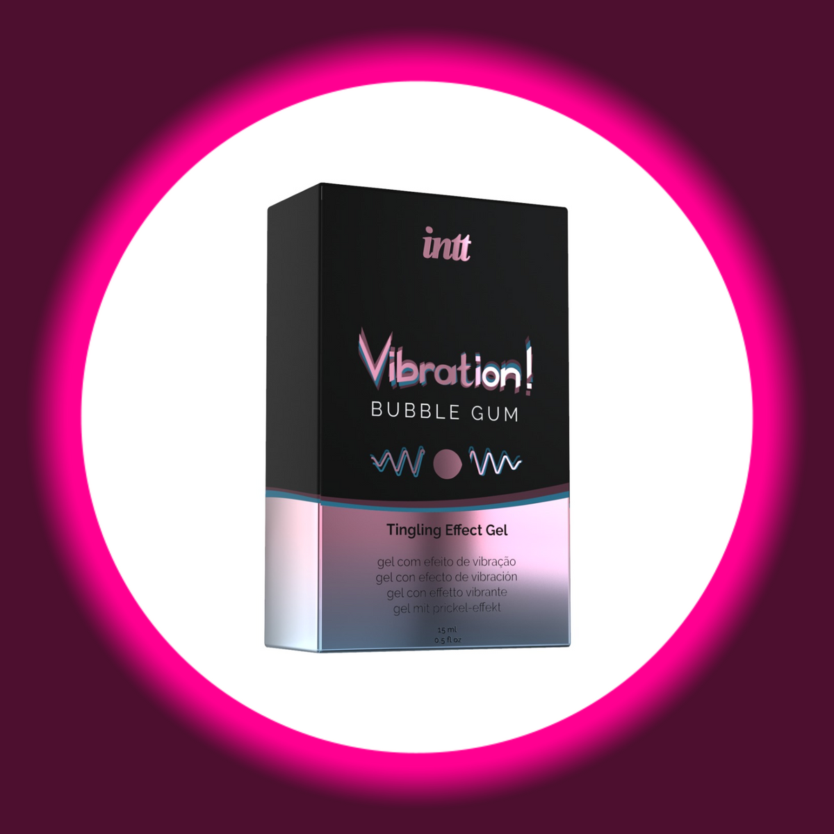 INTT Cosmetics Vibration Bubble Gum Stimulationsgel, schwarze Produktverpackung mit rosa schimmerndem unteren Bereich und Wellenmotiv, schräge Frontansicht