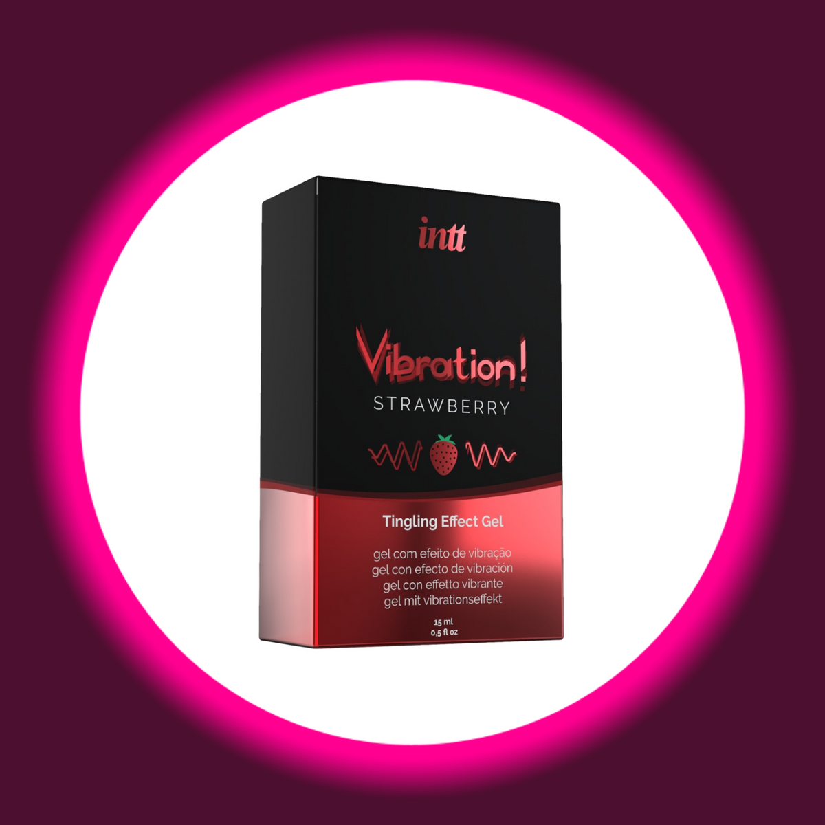 INTT Cosmetics Vibration Strawberry Stimulationsgel mit Erdbeeraroma, schwarz-rote Produktverpackung mit Erdbeer- und Wellenmotiv, schräge Frontansicht