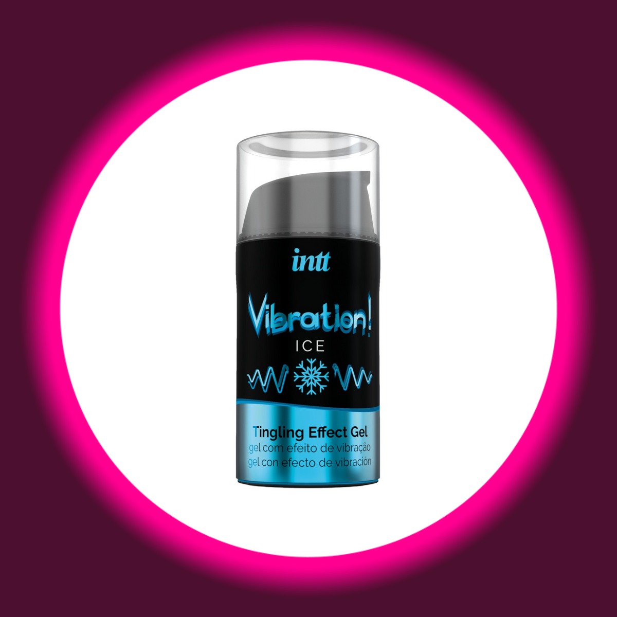INTT Cosmetics Vibration Ice Stimulationsgel im schwarzen Pumpspender mit transparenter Schutzkappe und schwarz-blauem Etikett mit Schneeflockenmotiv, Frontansicht