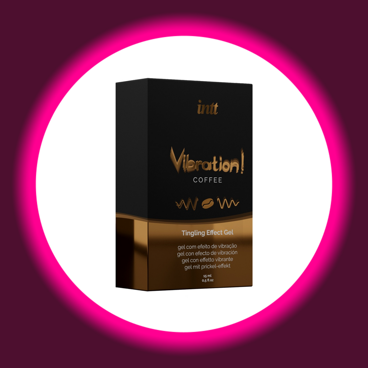 INTT Cosmetics Vibration Coffee Stimulationsgel mit Kaffeearoma, schwarz-goldfarbene Produktverpackung mit Kaffeebohnen- und Wellenmotiv, schräge Frontansicht