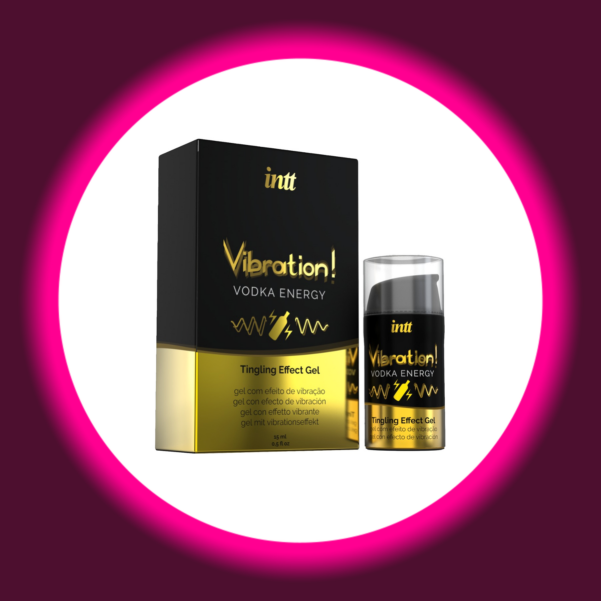 INTT Cosmetics Vibration Vodka Energy Stimulationsgel, schwarzer Pumpspender mit transparenter Schutzkappe neben schwarz-gelbgoldener Produktverpackung mit Flaschen- und Blitzmotiv
