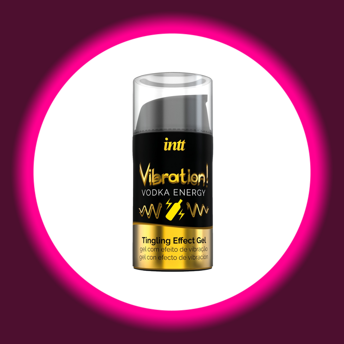 INTT Cosmetics Vibration Vodka Energy Stimulationsgel im schwarzen Pumpspender mit transparenter Schutzkappe und schwarz-gelbgoldenem Etikett mit Flaschen- und Blitzmotiv, Frontansicht