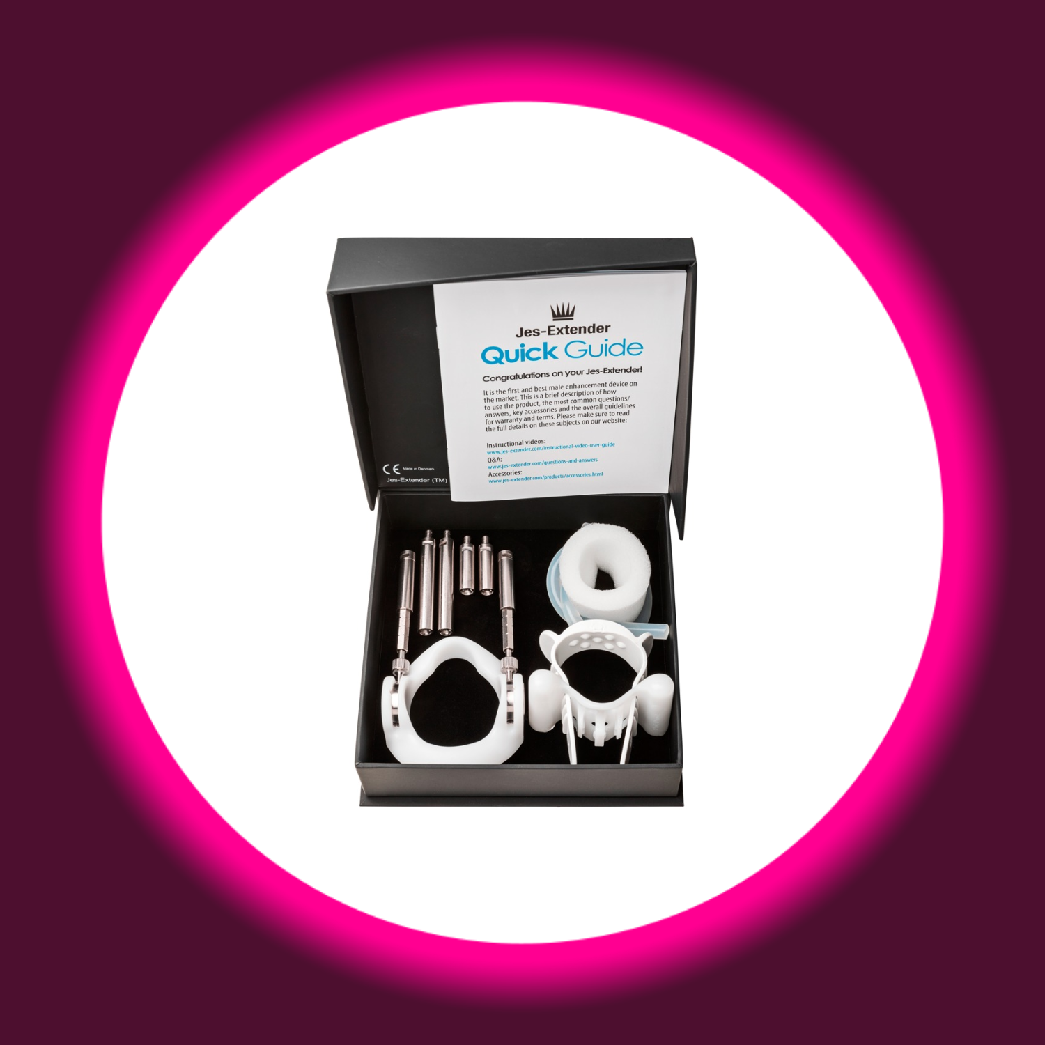 Jes Extender Light Standard, schwarze geöffnete Box mit weißen Zubehörteilen eines Penisextenders