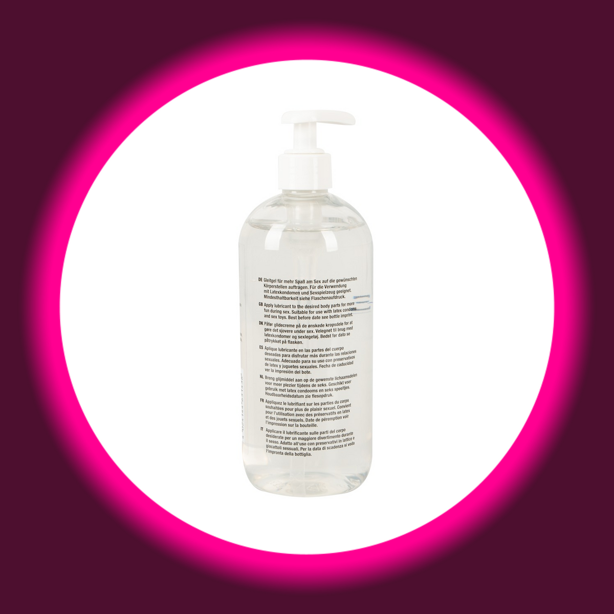 Just Glide Anal Gleitgel in der transparenten 500-ml-Pumpflasche, Rückansicht mit mehrsprachigen Anwendungshinweisen und weißem Pumpkopf