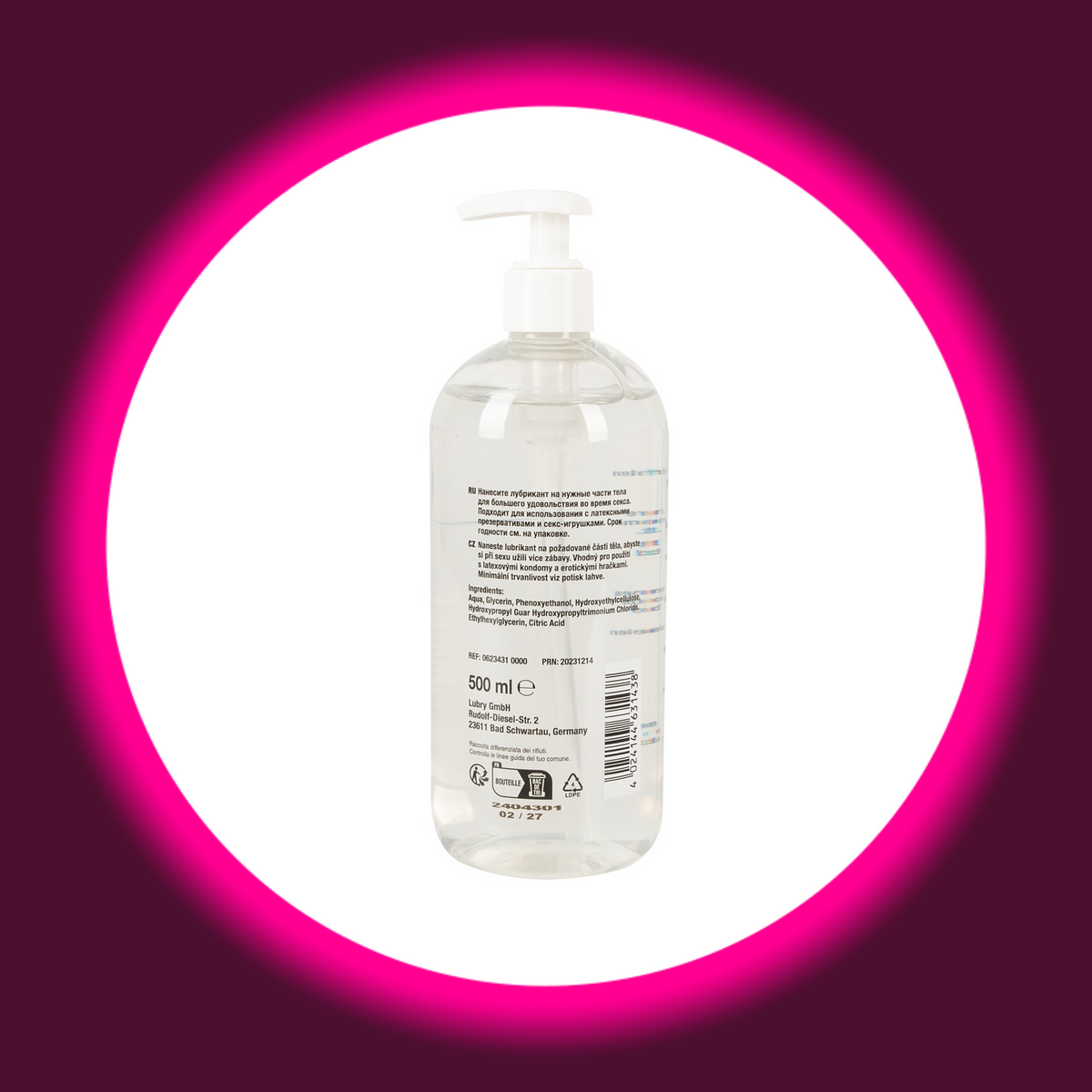 Just Glide Anal Gleitgel in der transparenten 500-ml-Pumpflasche, Rückansicht mit Inhaltsstoffangaben, Barcode und Mengenangabe