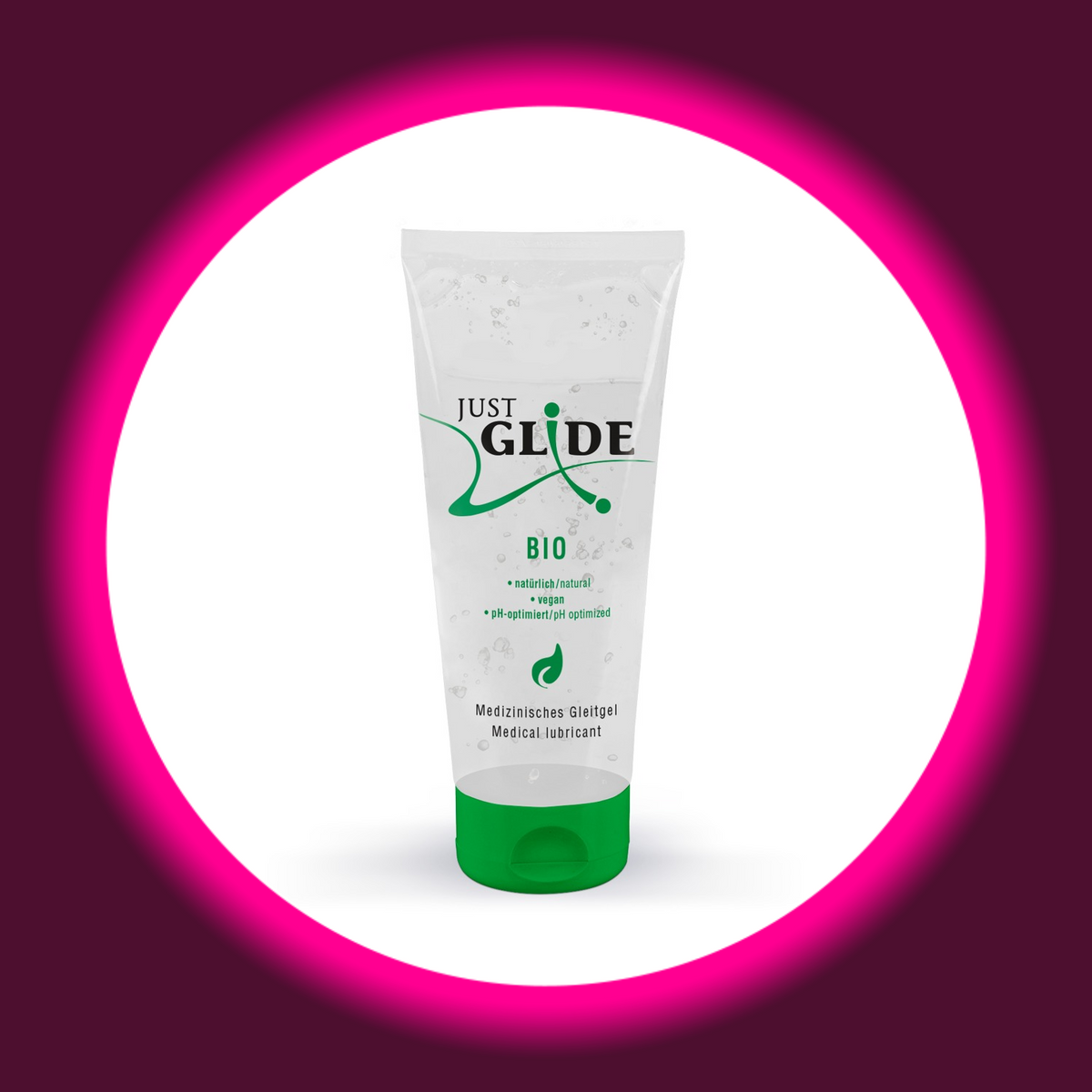 Just Glide Bio Gleitgel in der transparenten 200-ml-Tube mit grünem Verschluss, grünem Blattmotiv und Angaben zu veganer und pH-optimierter Formel, freigestellte Frontansicht