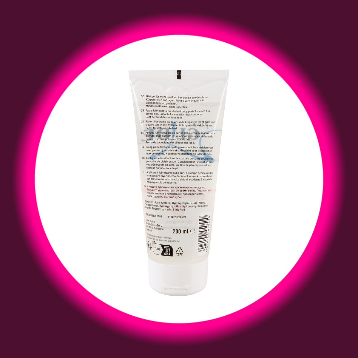 Just Glide Gleitgel mit Erdbeeraroma in der transparenten 200-ml-Tube, Rückansicht mit mehrsprachigen Anwendungshinweisen, Inhaltsstoffangaben und Barcode
