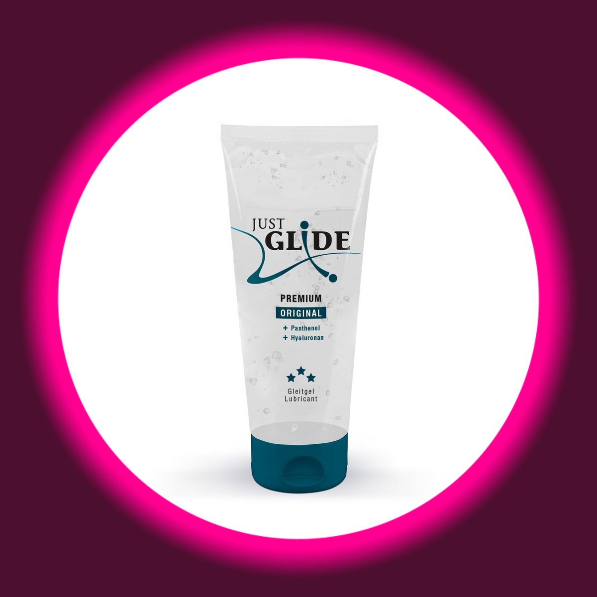 Just Glide Premium Original Gleitgel mit Panthenol und Hyaluron in der transparenten Tube mit petrolfarbenem Verschluss, freigestellte Frontansicht