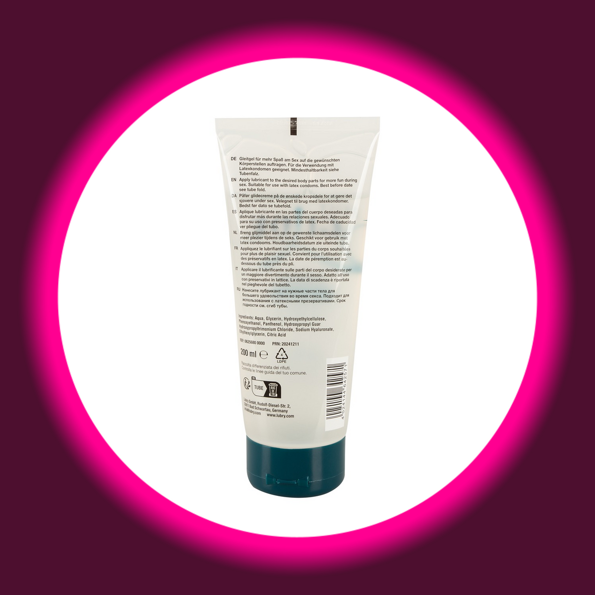 Just Glide Premium Original Gleitgel in der transparenten 200-ml-Tube mit petrolfarbenem Verschluss, Rückansicht mit mehrsprachigen Anwendungshinweisen, Inhaltsstoffangaben und Barcode