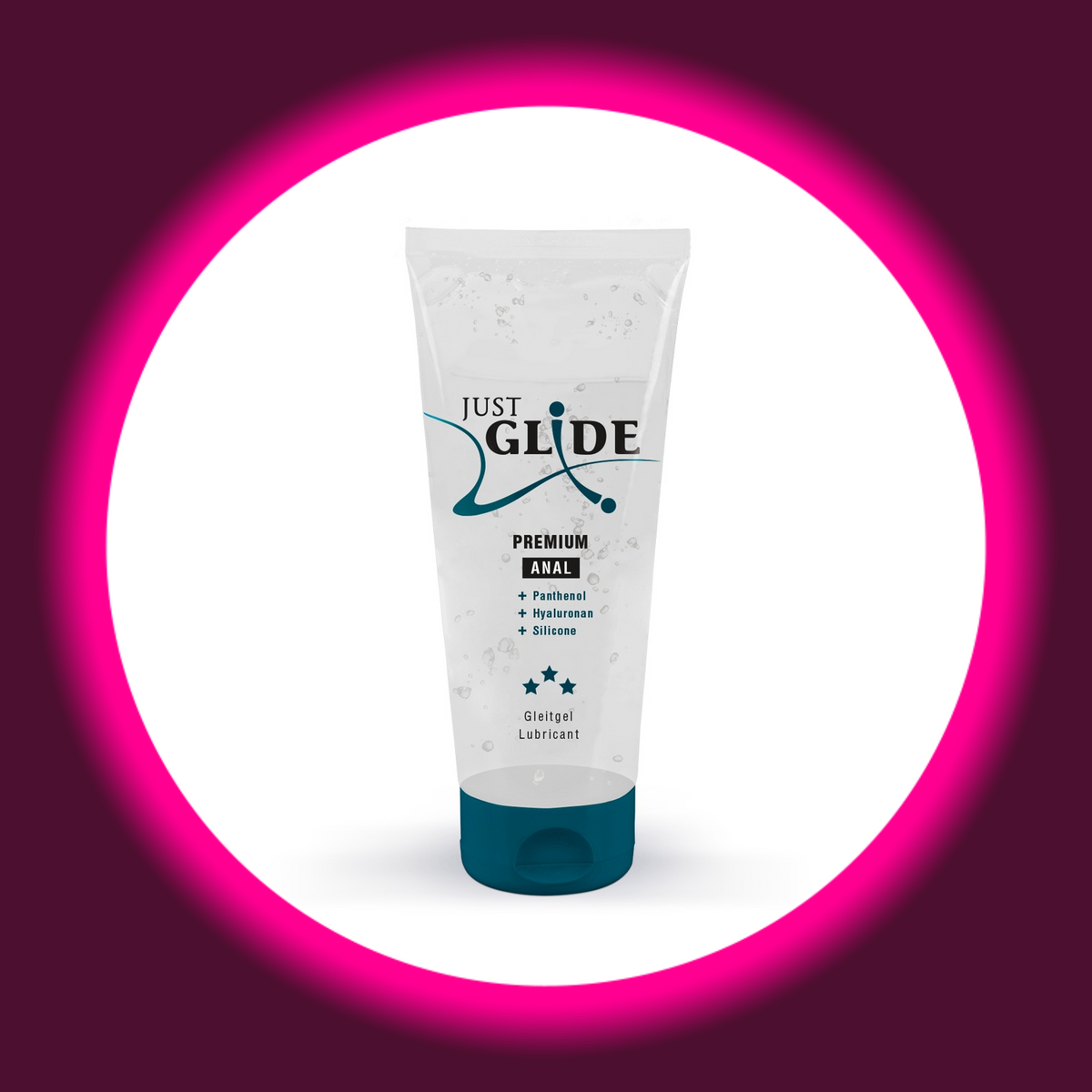 Just Glide Premium Anal Gleitgel in der transparenten 200-ml-Tube mit petrolfarbenem Verschluss und Angaben zu Panthenol, Hyaluronan und Silikon, freigestellte Frontansicht