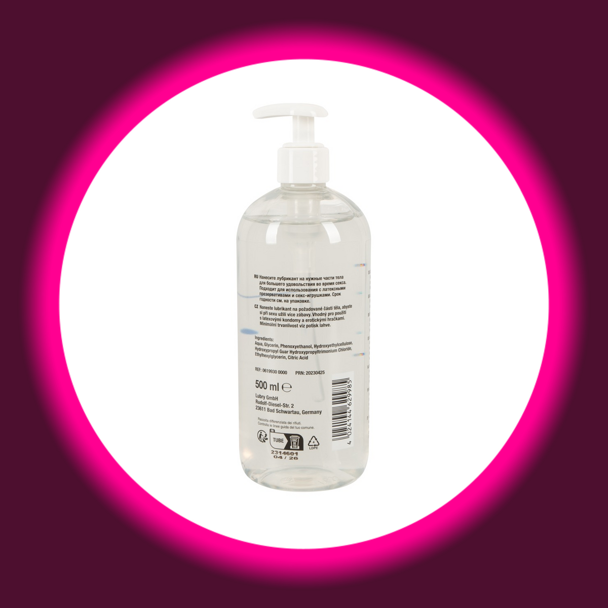 Just Glide wasserbasiertes Gleitgel in der transparenten 500-ml-Pumpflasche, Rückansicht mit Inhaltsstoffangaben, Barcode und Mengenangabe