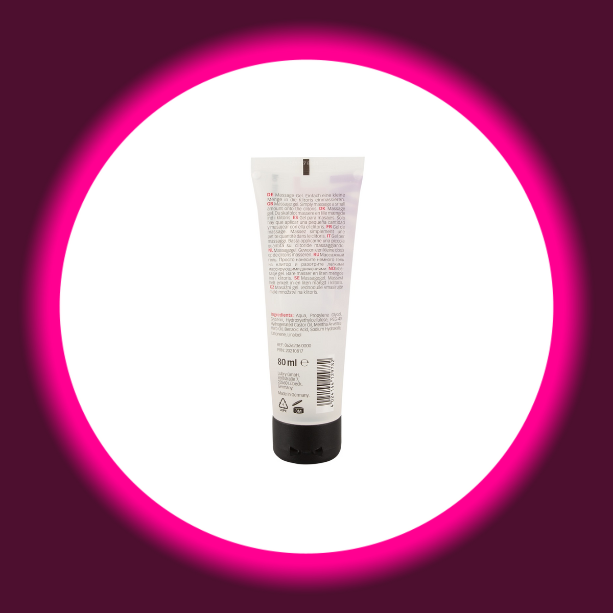 Just Play Orgasm Gel in der transparenten 80-ml-Tube mit schwarzem Verschluss, Rückansicht mit Anwendungshinweisen, Inhaltsstoffangaben und Barcode