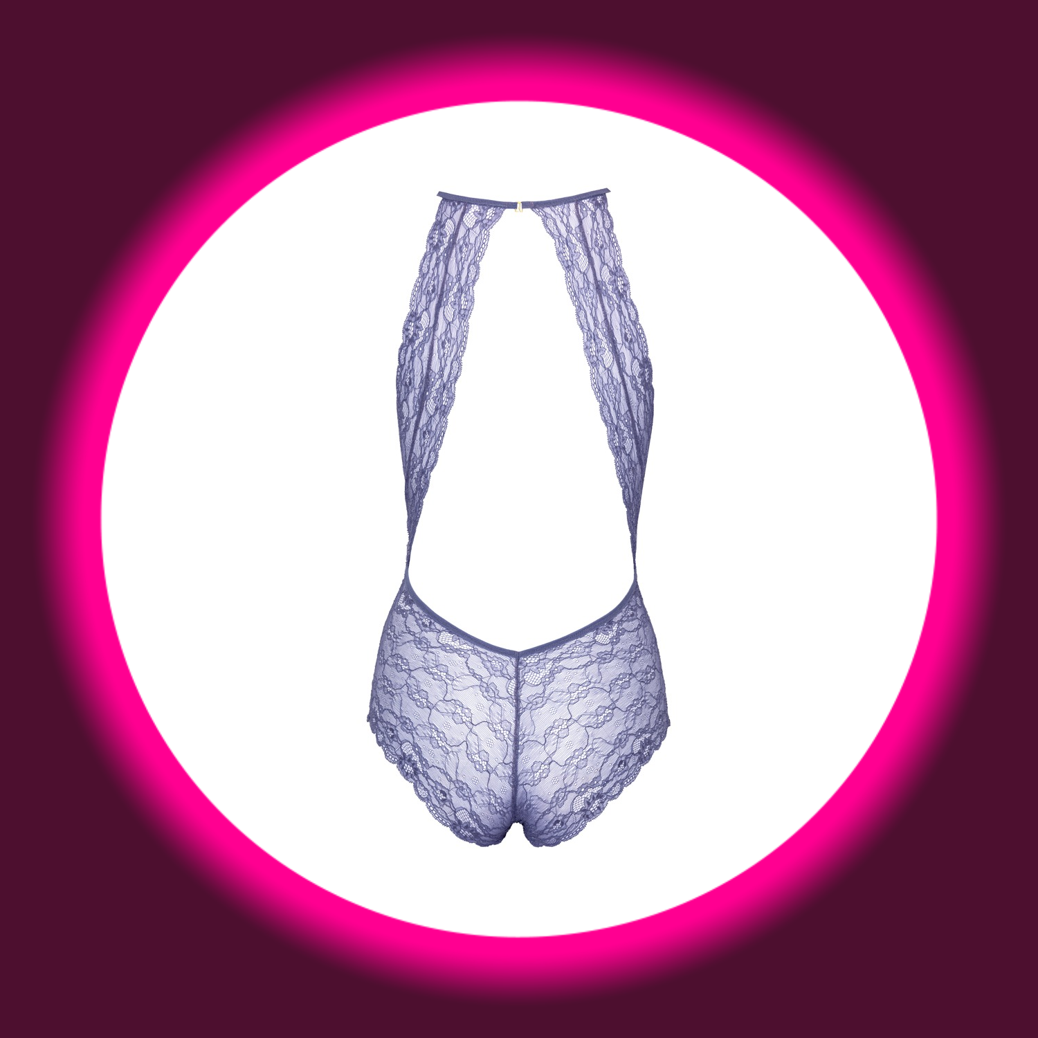 Rückansicht violetter Body aus Spitze mit floralem Muster, von kissable