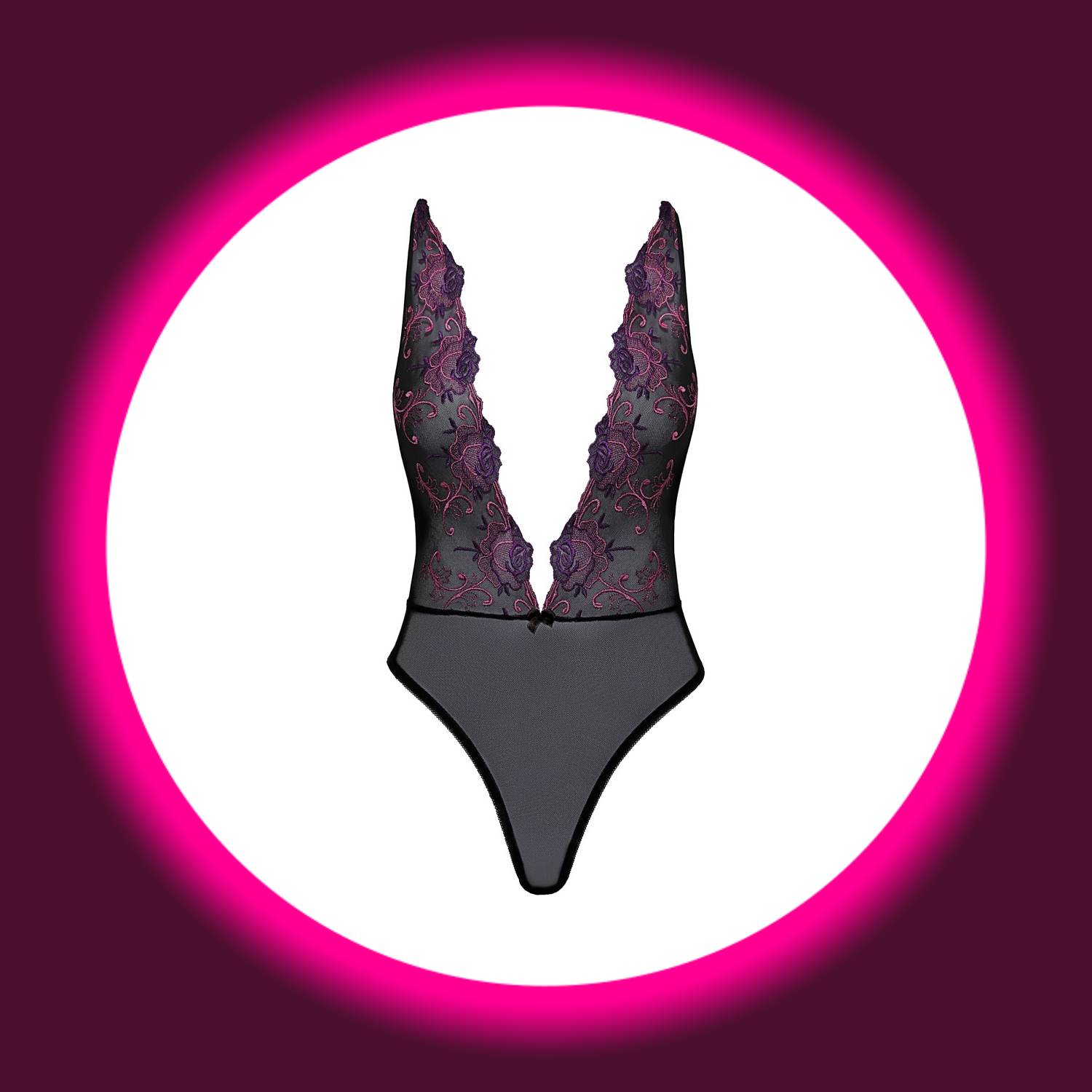 Frontansicht semitransparenter Body, Oberteil mit lila Blumenmuster, von kissable