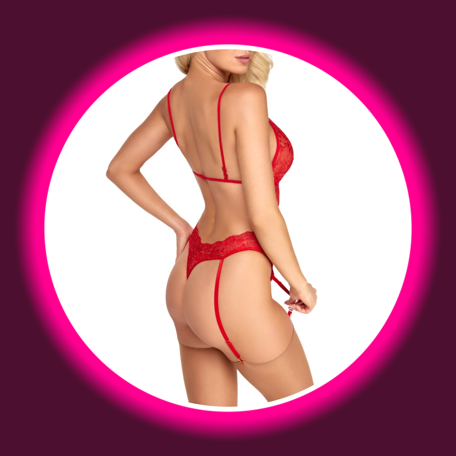 blonde Frau von hinten in rotem Spitzen-Body mit Strapshaltern von kissable