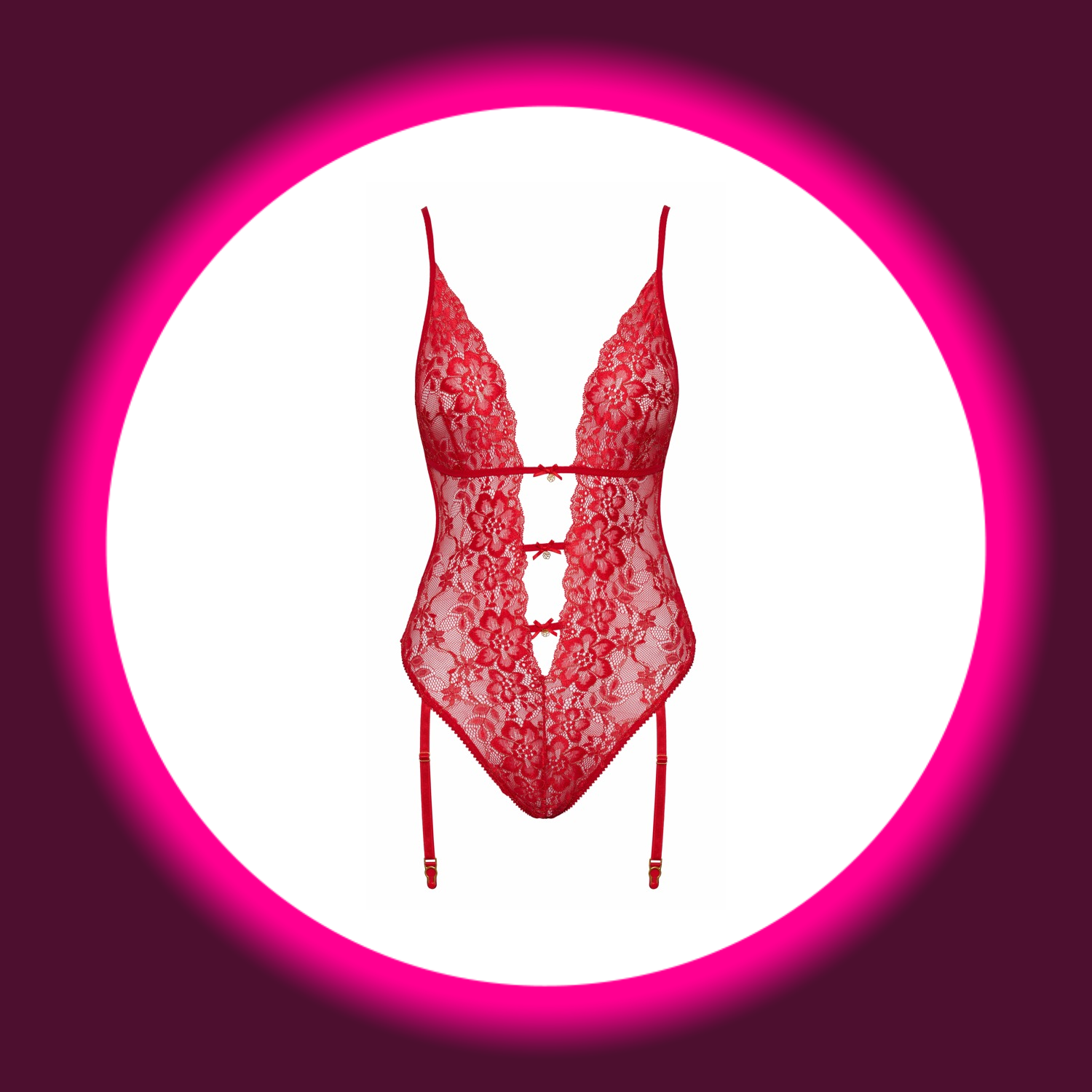 Frontansicht roter Spitzen-Body mit Strapshaltern, von kissable