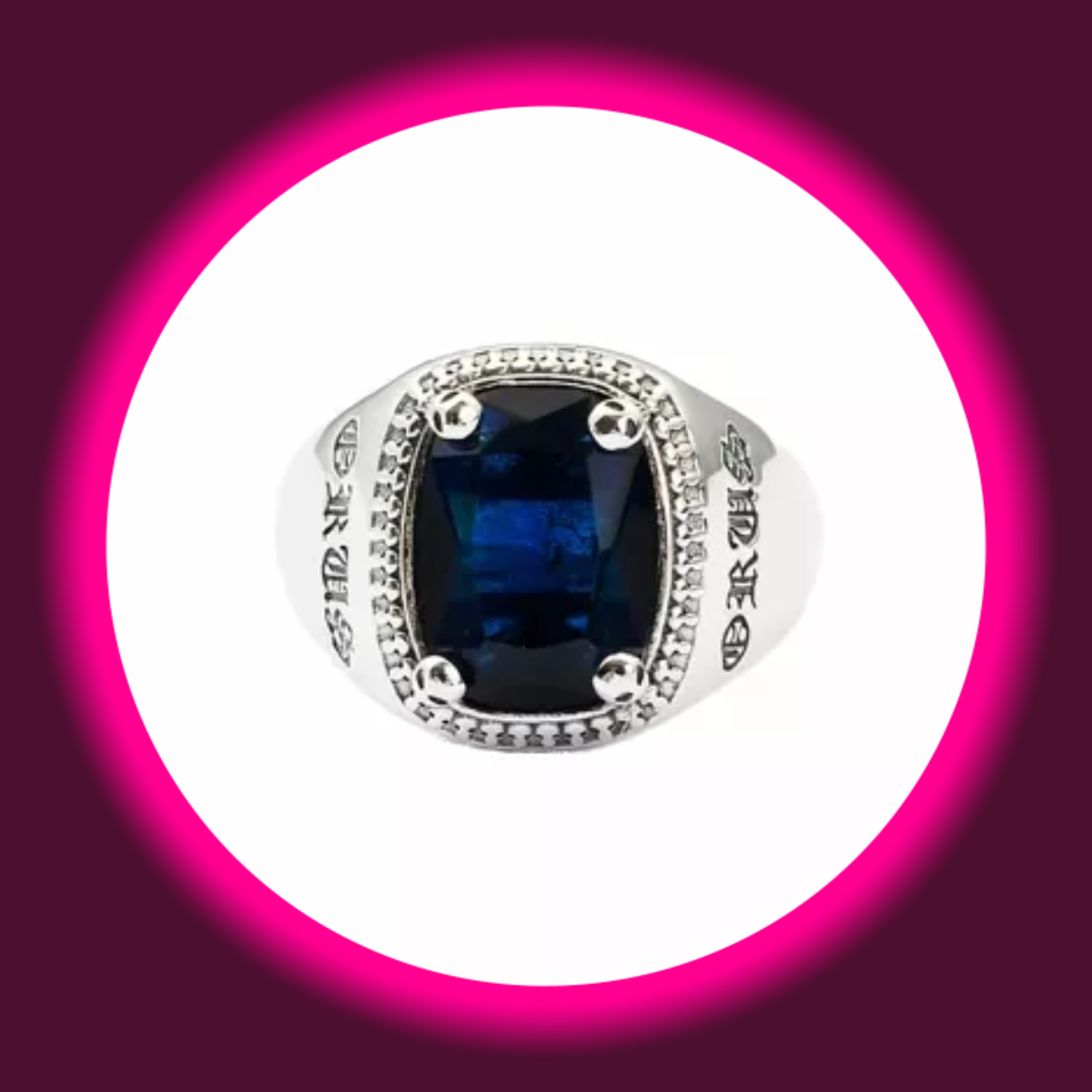 Frontansicht königlicher Siegelring mit blauem Zirkonia und königlichen Zeichen