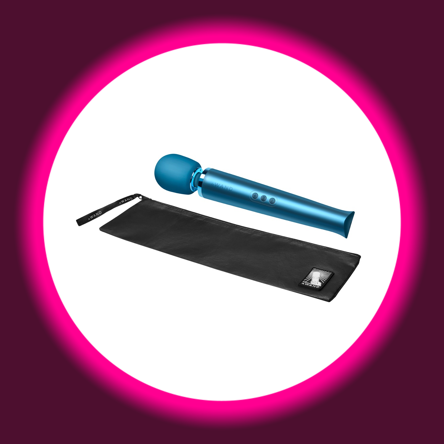 liegender blauer Wand Vibrator von Le Wand und dazugehöriger Aufbewahrungsbeutel