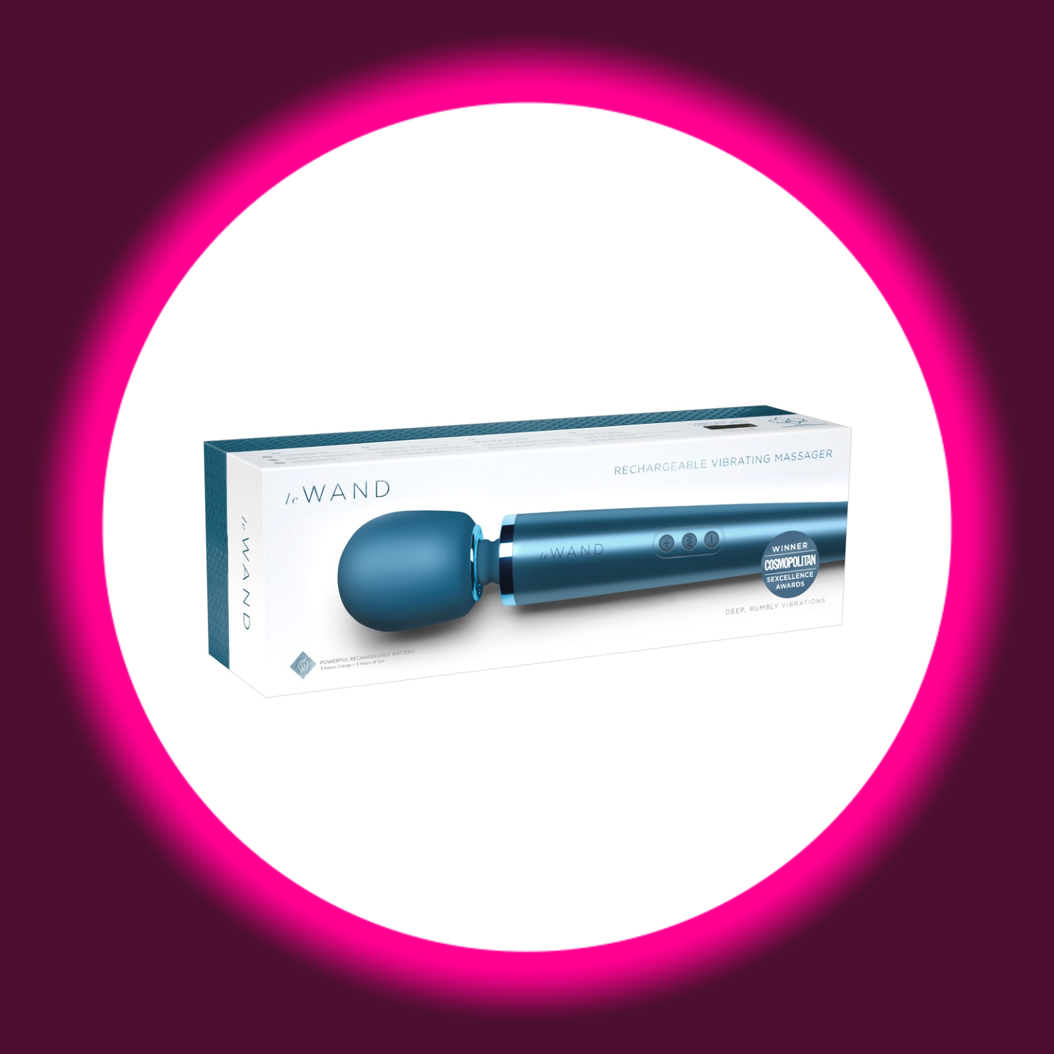 Frontansicht der Produktverpackung eines blauen Wand Vibrators von Le Wand