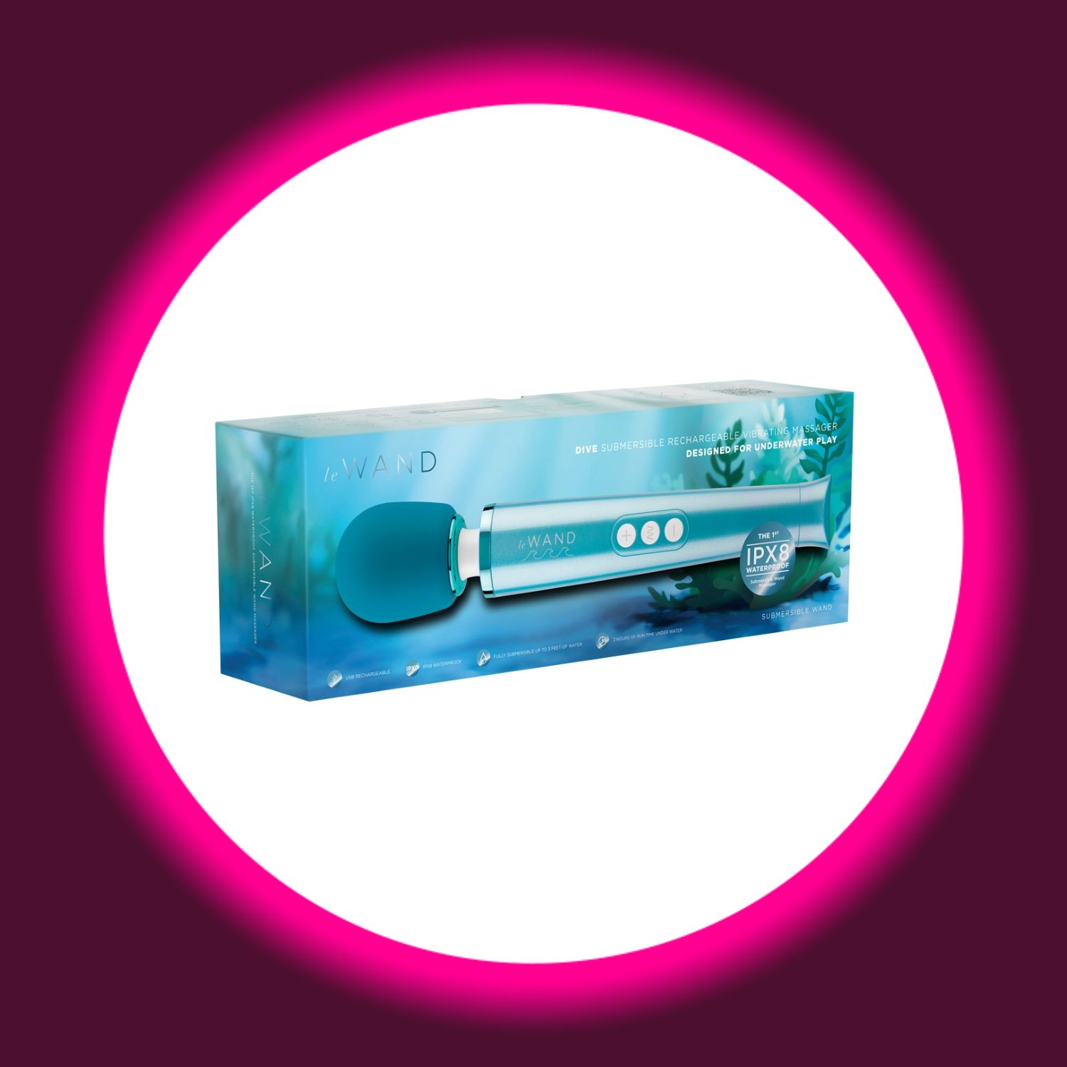 le WAND Dive – Originalverpackung Schrägansicht, türkis-blaue Box mit Unterwasser-Motiv, le WAND Dive Schriftzug, IPX8-Zertifizierung und Aufschrift "Submersible Rechargeable Vibrating Massager – Designed for Underwater Play"