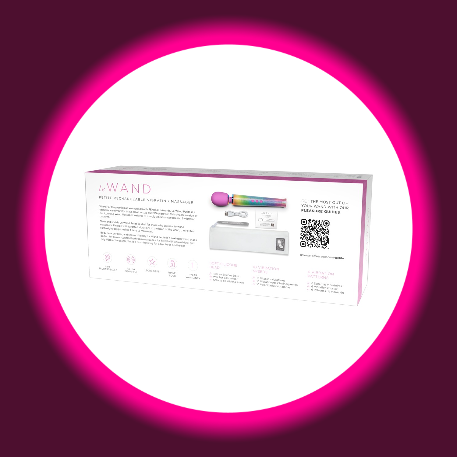 le WAND Petite All That Glimmers – Originalverpackung Rückseite mit technischen Daten: 10 Vibrationsstärken, 6 Vibrationsmodi, USB-wiederaufladbar, wasserdicht