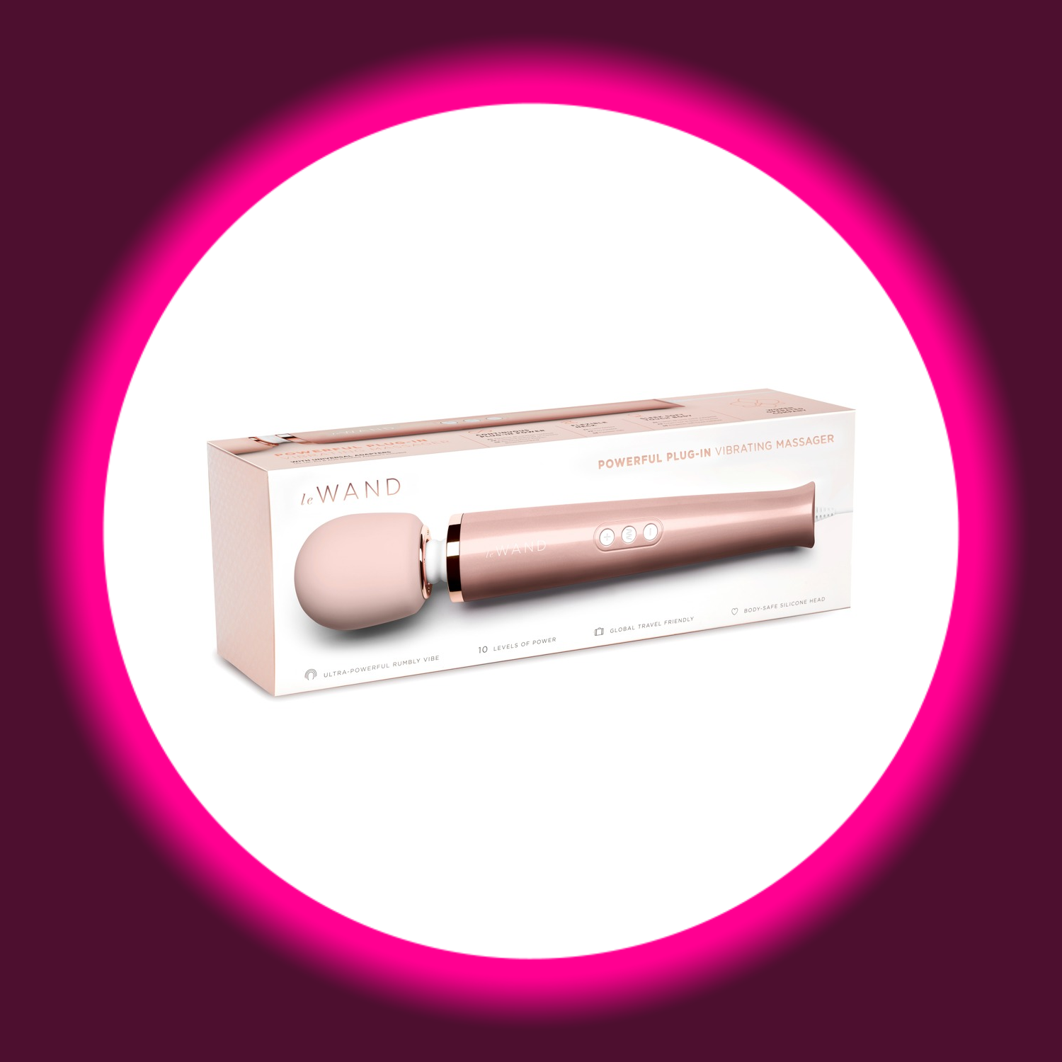 le WAND Powerful Plug-In – Originalverpackung Schrägansicht, rosafarbene Box mit le WAND Schriftzug, Produktabbildung und Aufschrift "Powerful Plug-In Vibrating Massager"