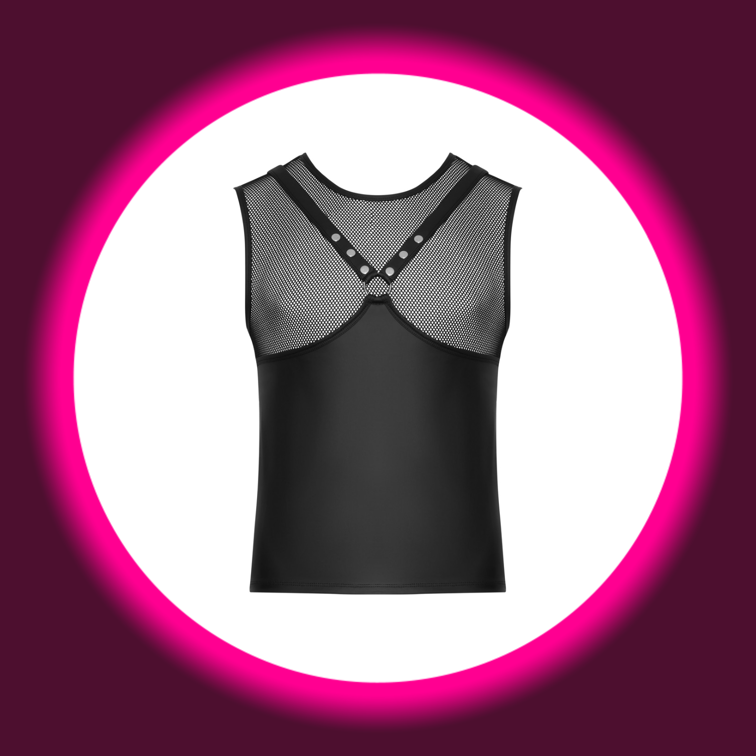 schwarzes ärmelloses Shirt mit Brustharness, Nieten und Ringen, Shirt aus Netz und Mattlook, von Svenjoyment