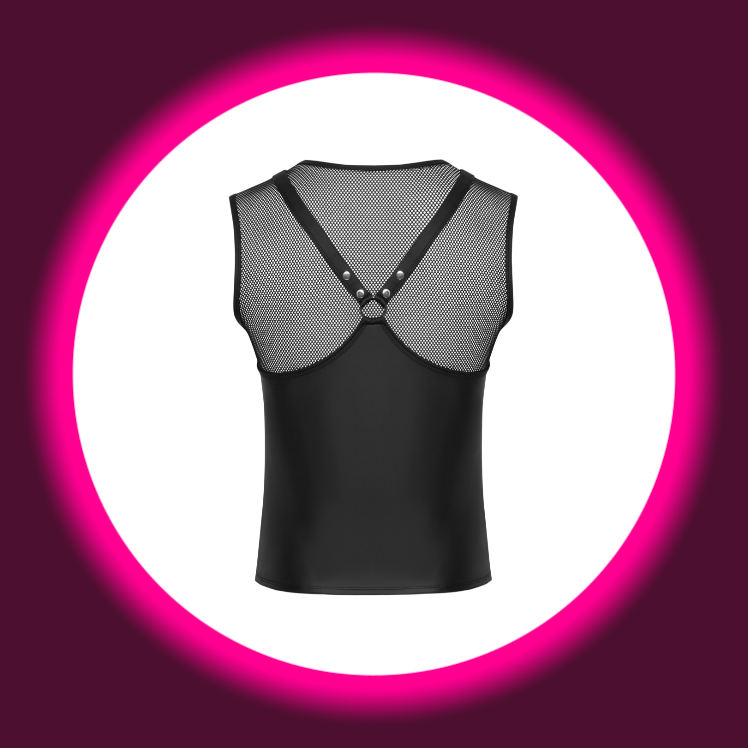 schwarzes ärmelloses Shirt mit Brustharness, Nieten und Ringen, Shirt aus Netz und Mattlook, von Svenjoyment