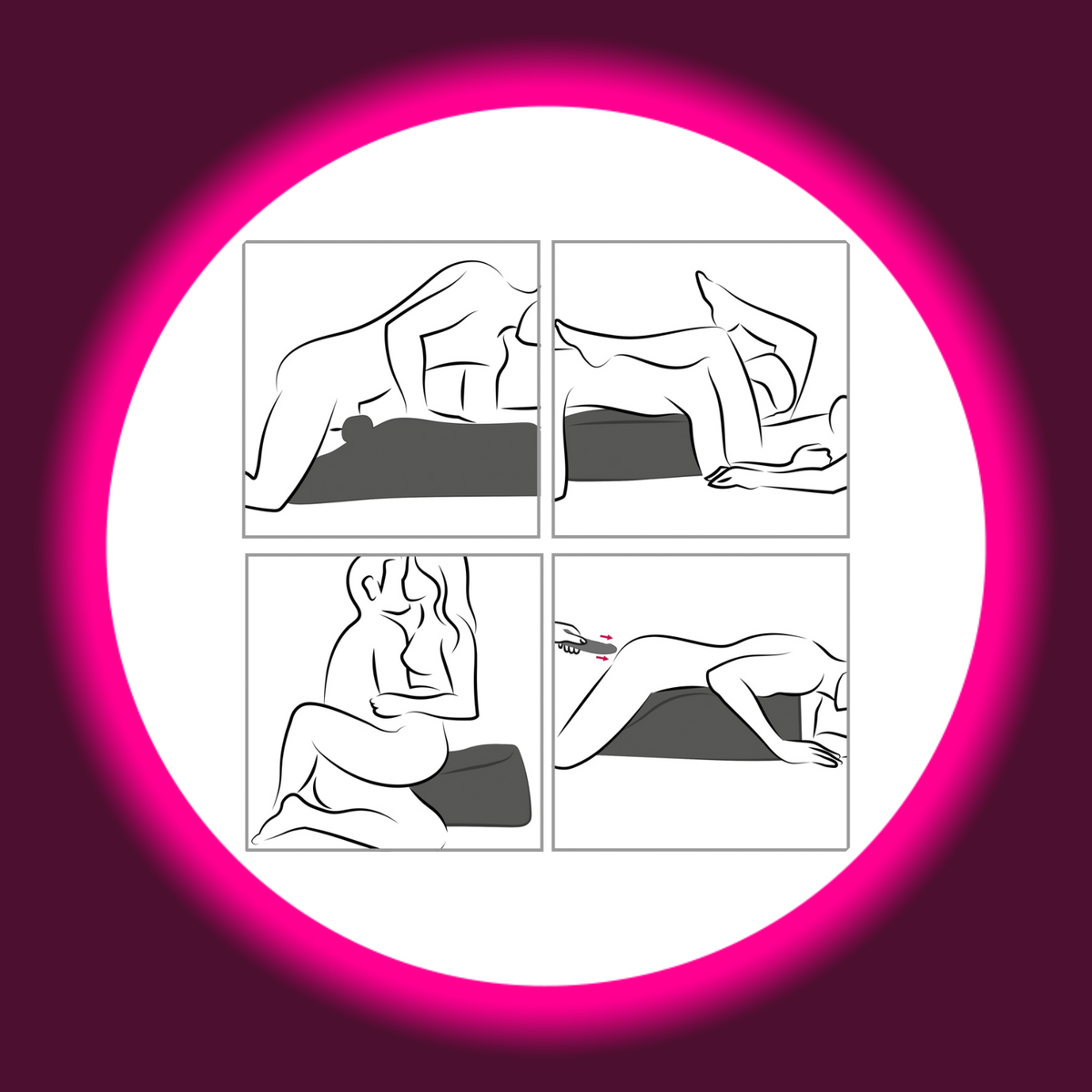 Liberator Fleshlight On a Mission Liebeskissen, vier schematische Illustrationen verschiedener Liege-, Sitz- und Kniepositionen mit dem Kissen