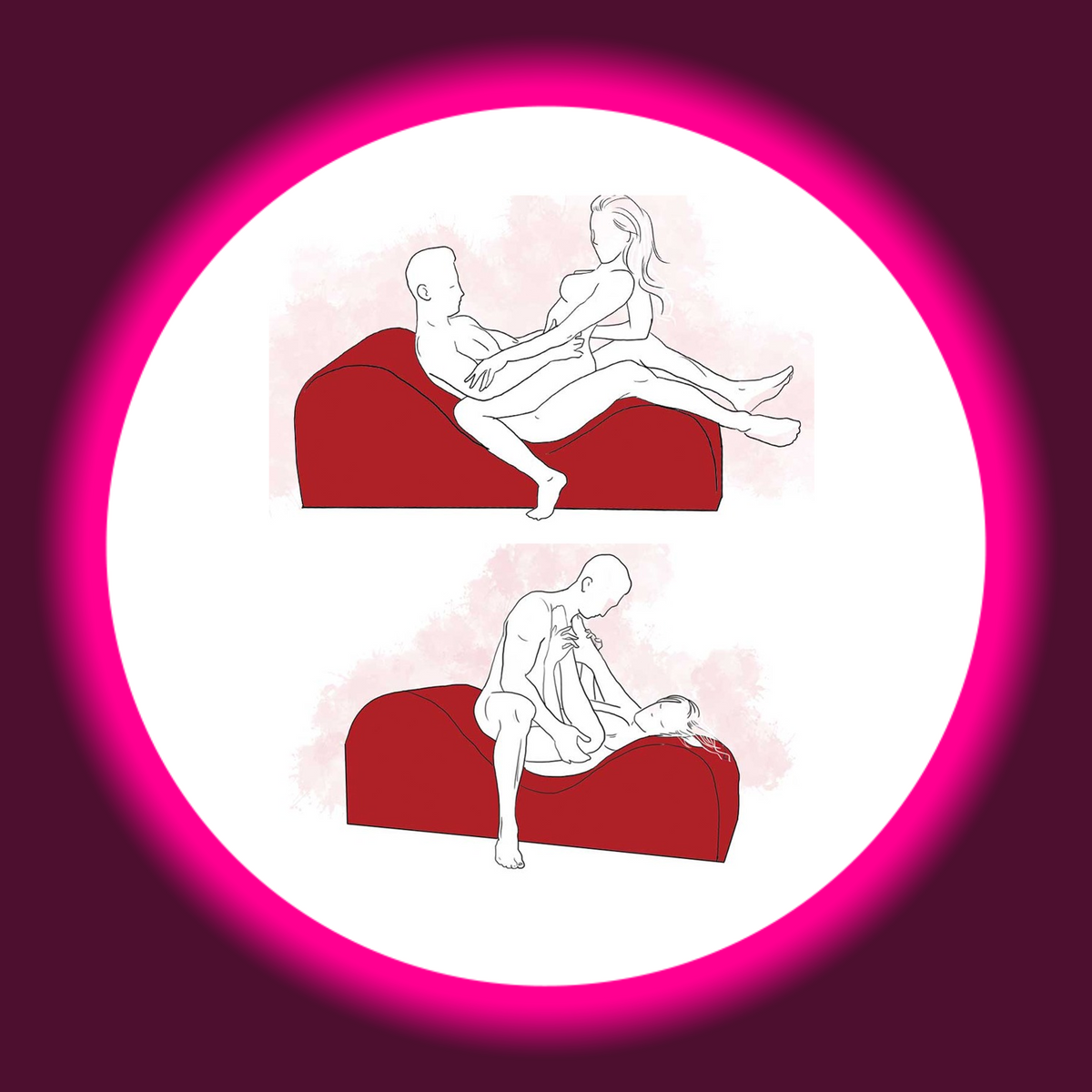 Liberator Esse Lounger Liebessessel, zwei schematische Illustrationen eines Paares in unterschiedlichen Sitz- und Liegepositionen auf der geschwungenen Liegefläche