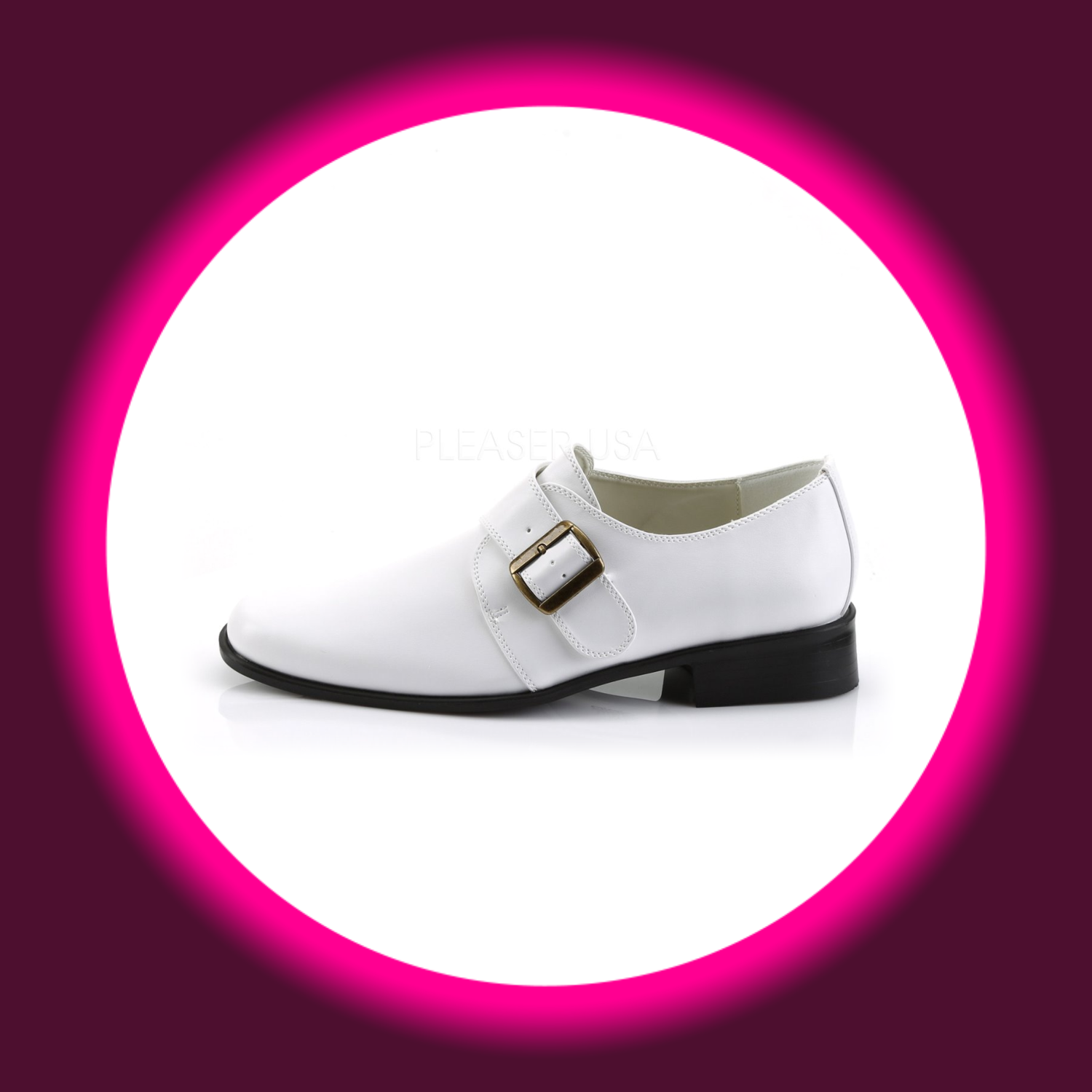 seitliche Ansicht weißer Herrenhalbschuh mit Schnalle und flachem Blockabsatz, Pleaser Loafer 12