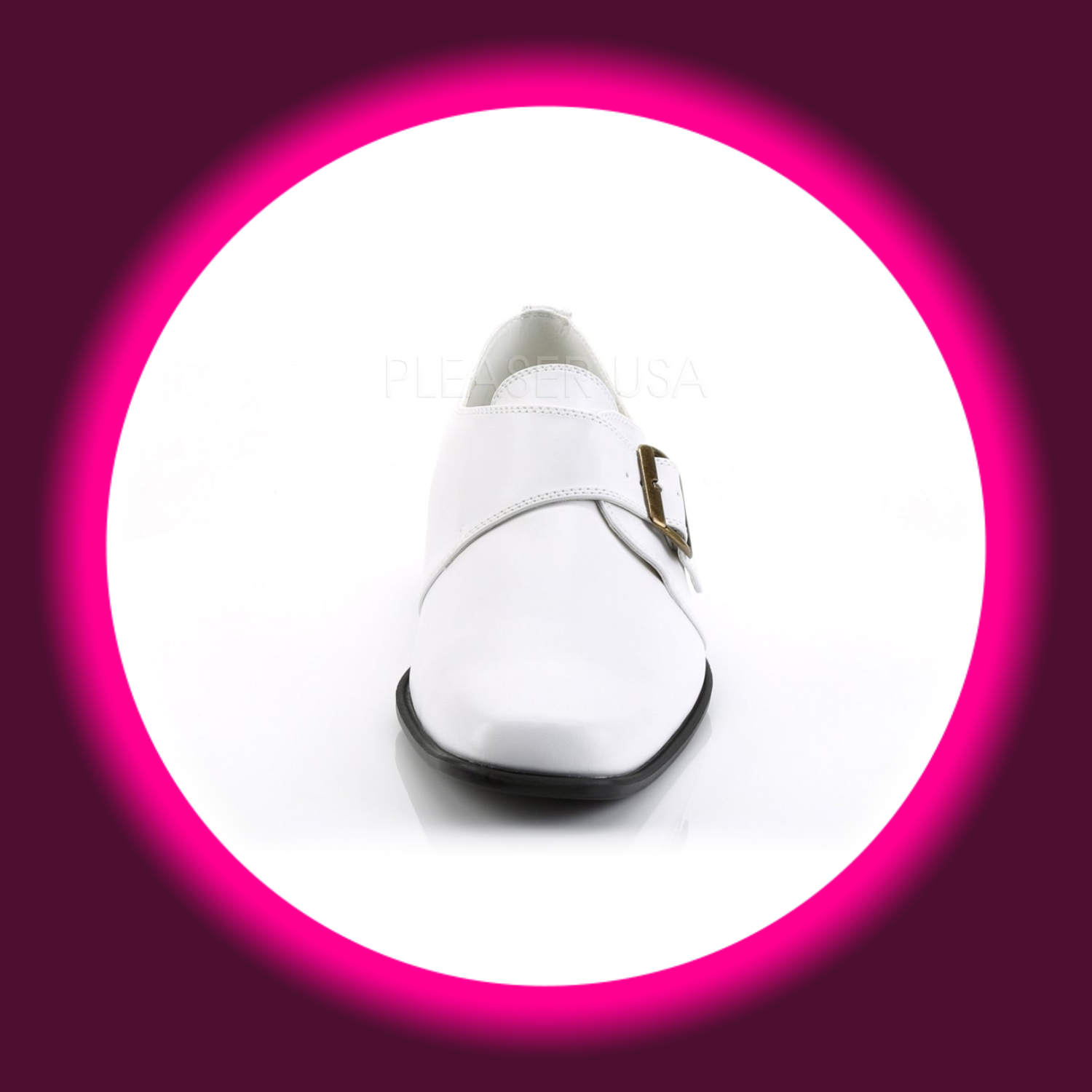 Frontansicht weißer Herrenhalbschuh mit Schnalle und schwarzer Sohle, Pleaser Loafer 12
