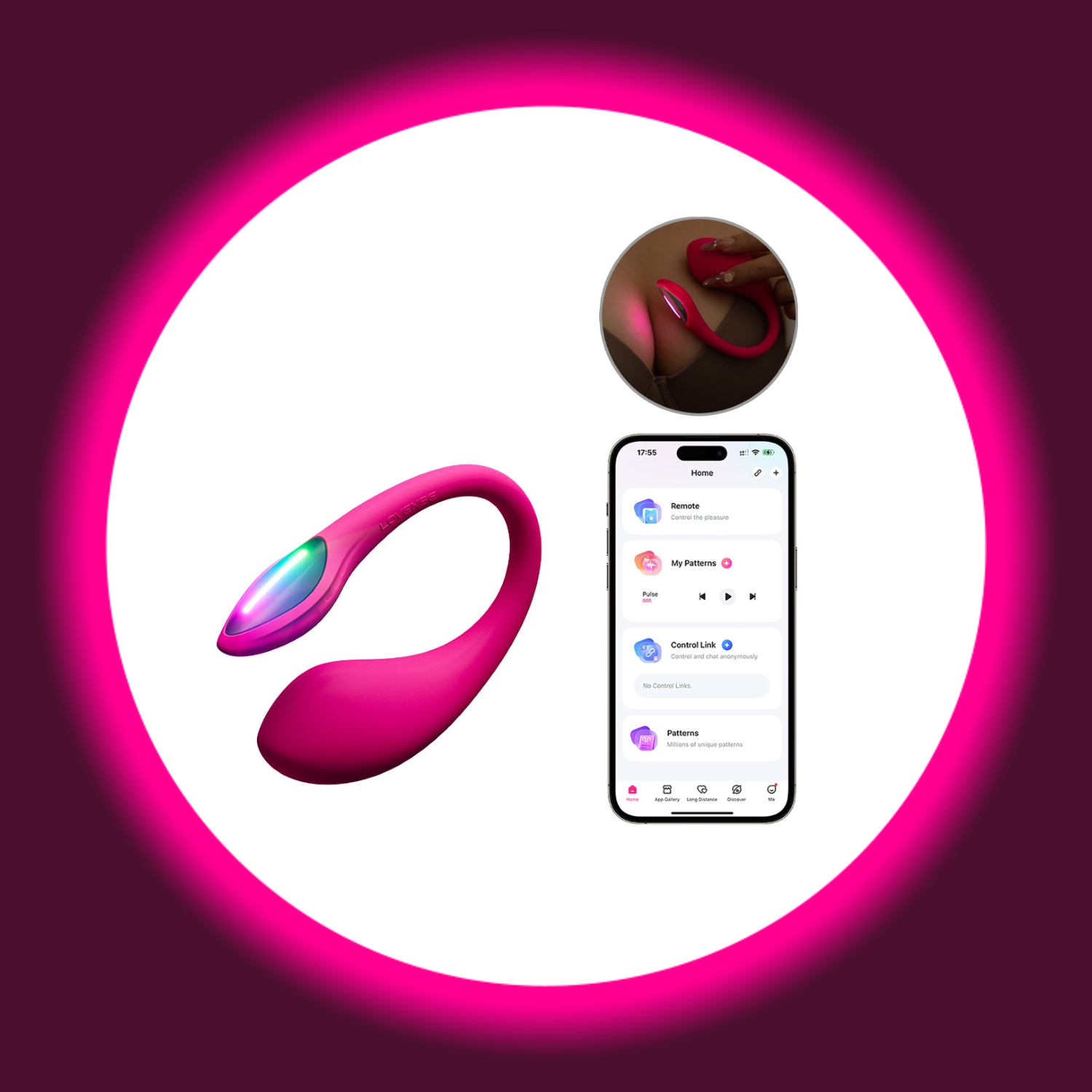 Lovense Lush Mini mit danebenliegendem Smartphone mit Abbildung der Remote-App