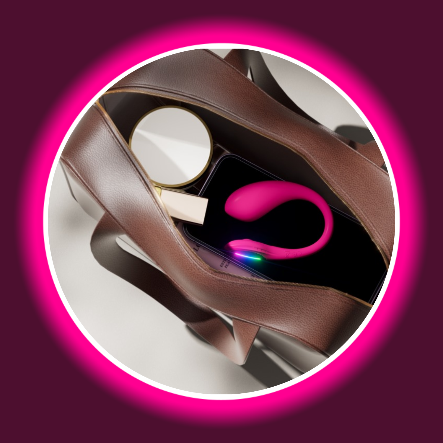 offene braune Handtasche mit Cremedose, Smartphone und pinkem Egg-Vibrator, Lovense Lush Mini