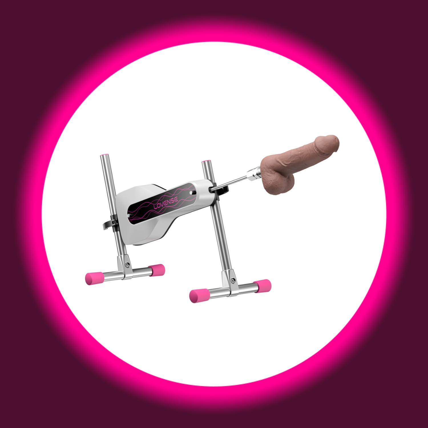 Winkelansicht silberne kleine Sexmaschine mit Dildo-Aufsatz, Lovense Mini Sex Machine